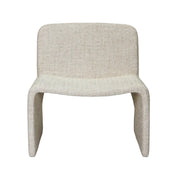 An oval-shaped accent chair with a beige upholstery, featuring a hard backrest and seat without any visible brand markings or patterns.