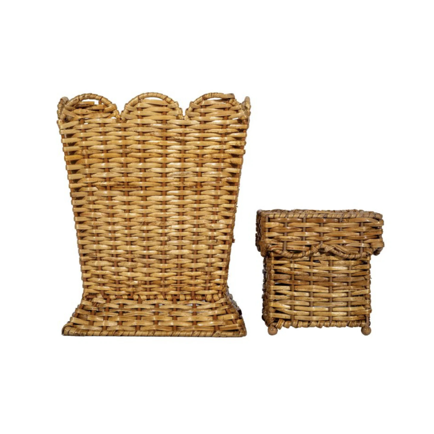 Square Scalloped Wicker Wastepaper Basket & Tissue Holder