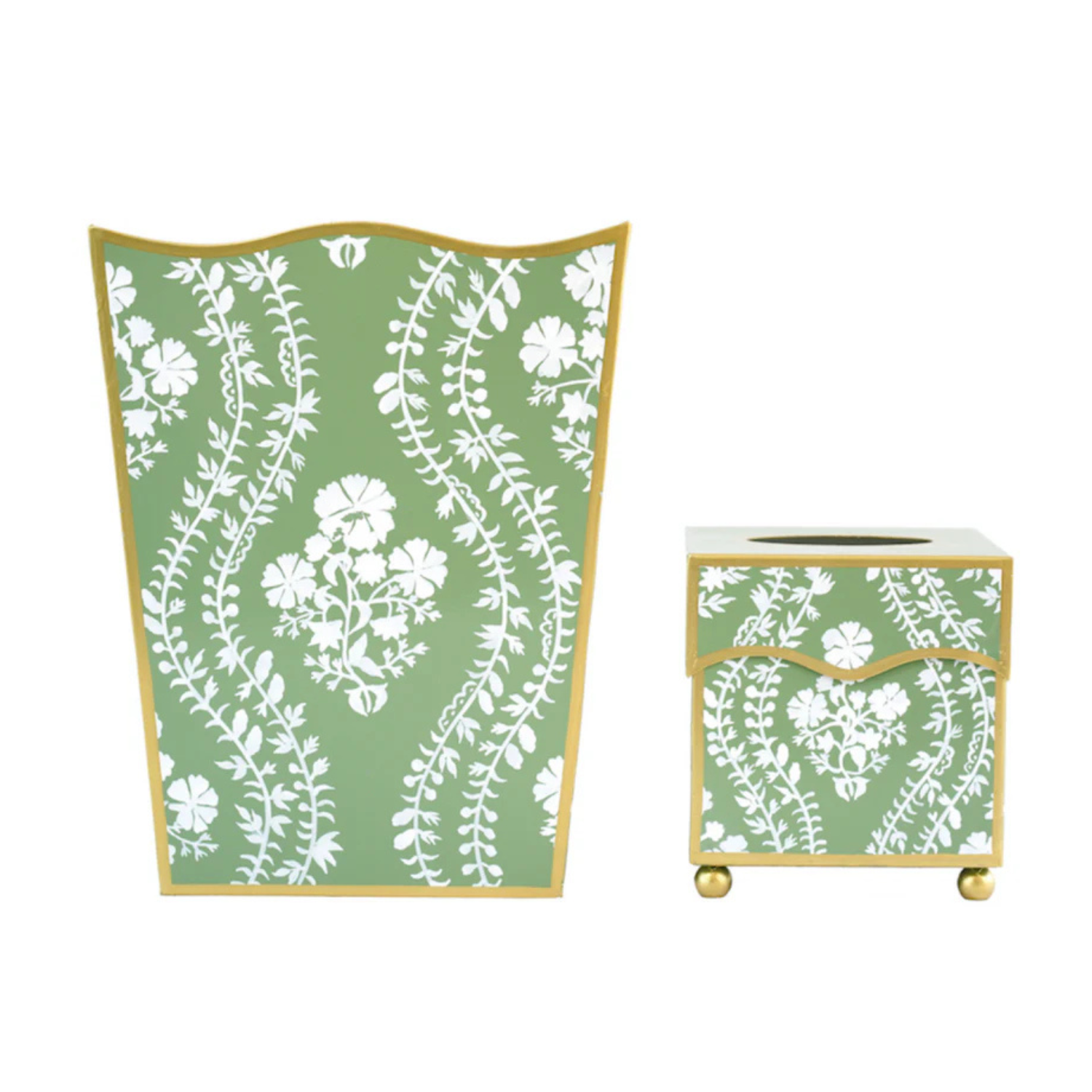 Green Floral Trellis Wastepaper Basket & Tissue
