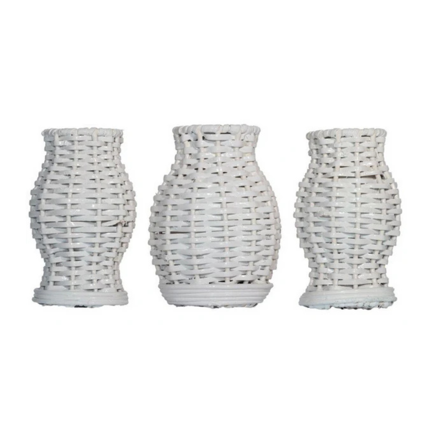 Set of 3 Mini White Wicker Vases