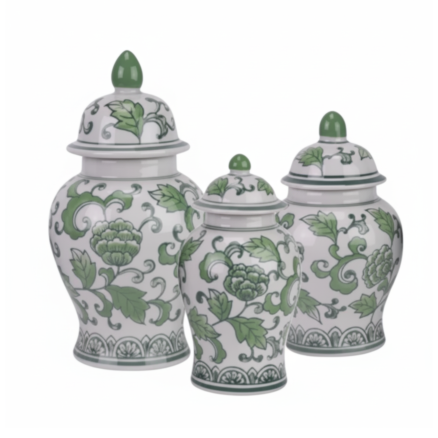 Set of 3 Green & White Floral Food Safe Jars