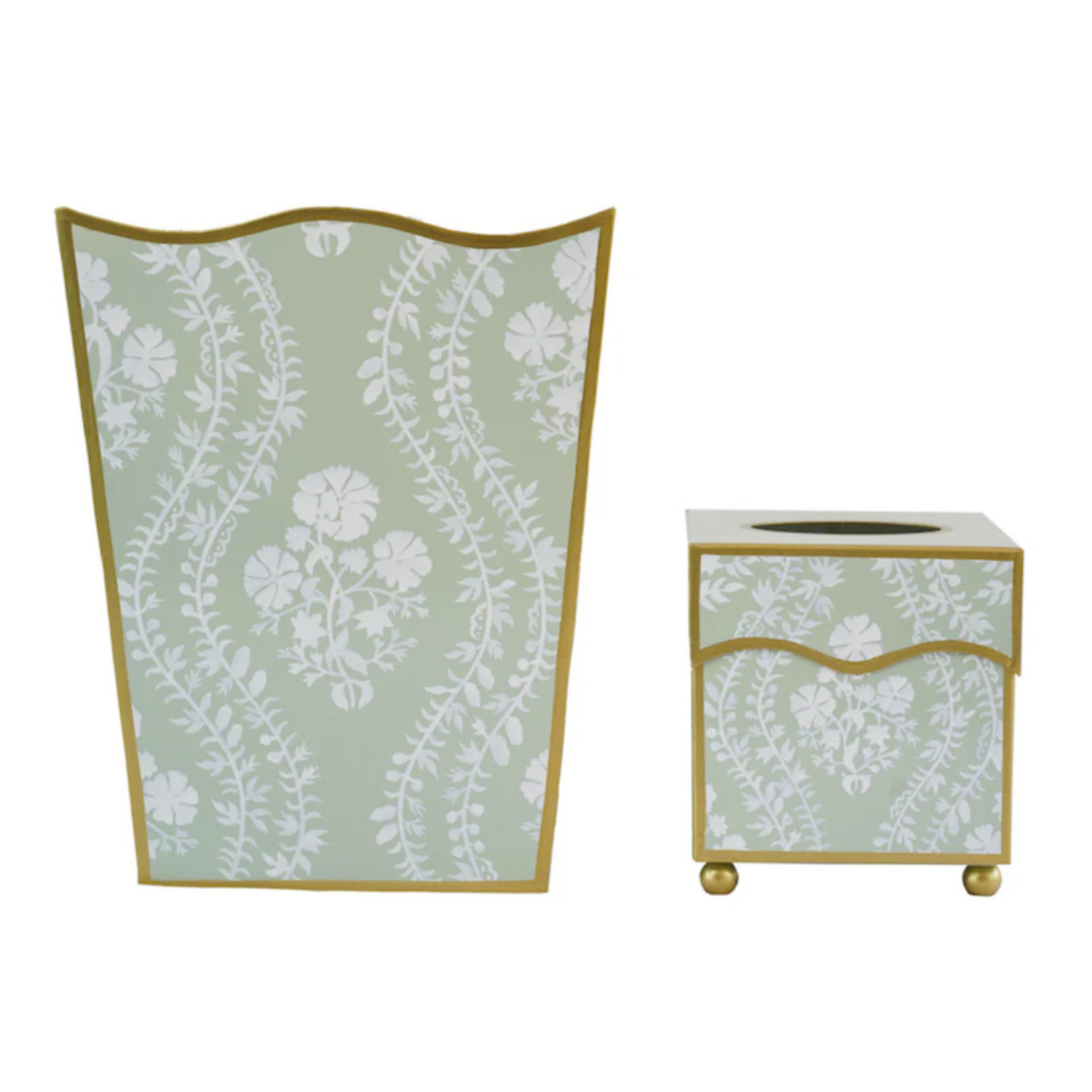 Sage Green Floral Trellis Wastepaper Basket & Tissue