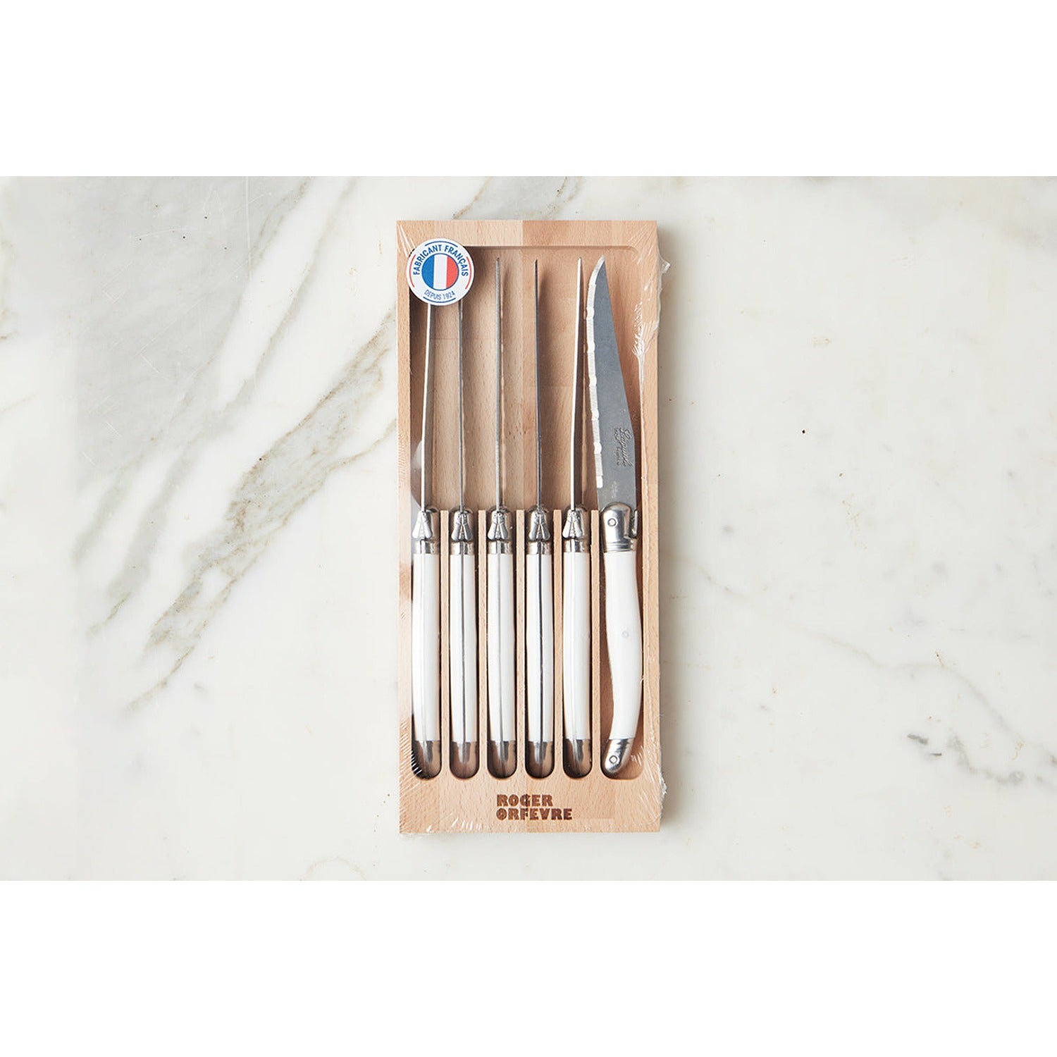 The Original French Laguiole Steak Knives, Set of 6, Wood Drawer Box, White