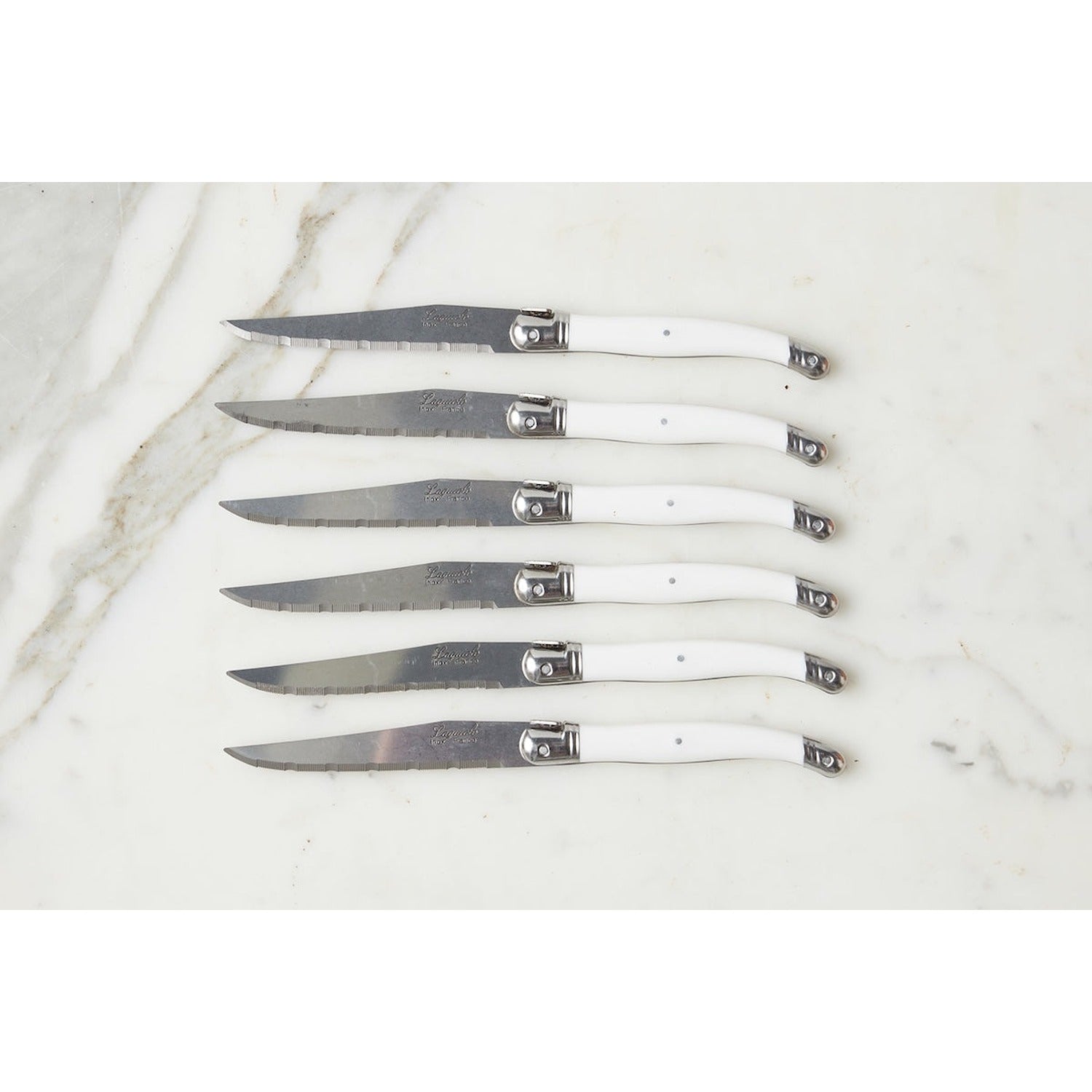 The Original French Laguiole Steak Knives, Set of 6, Wood Drawer Box, White