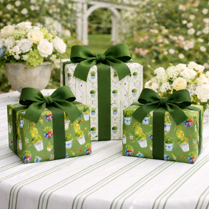 Reversible Green Topiary and Green Boxwood Gift Wrap