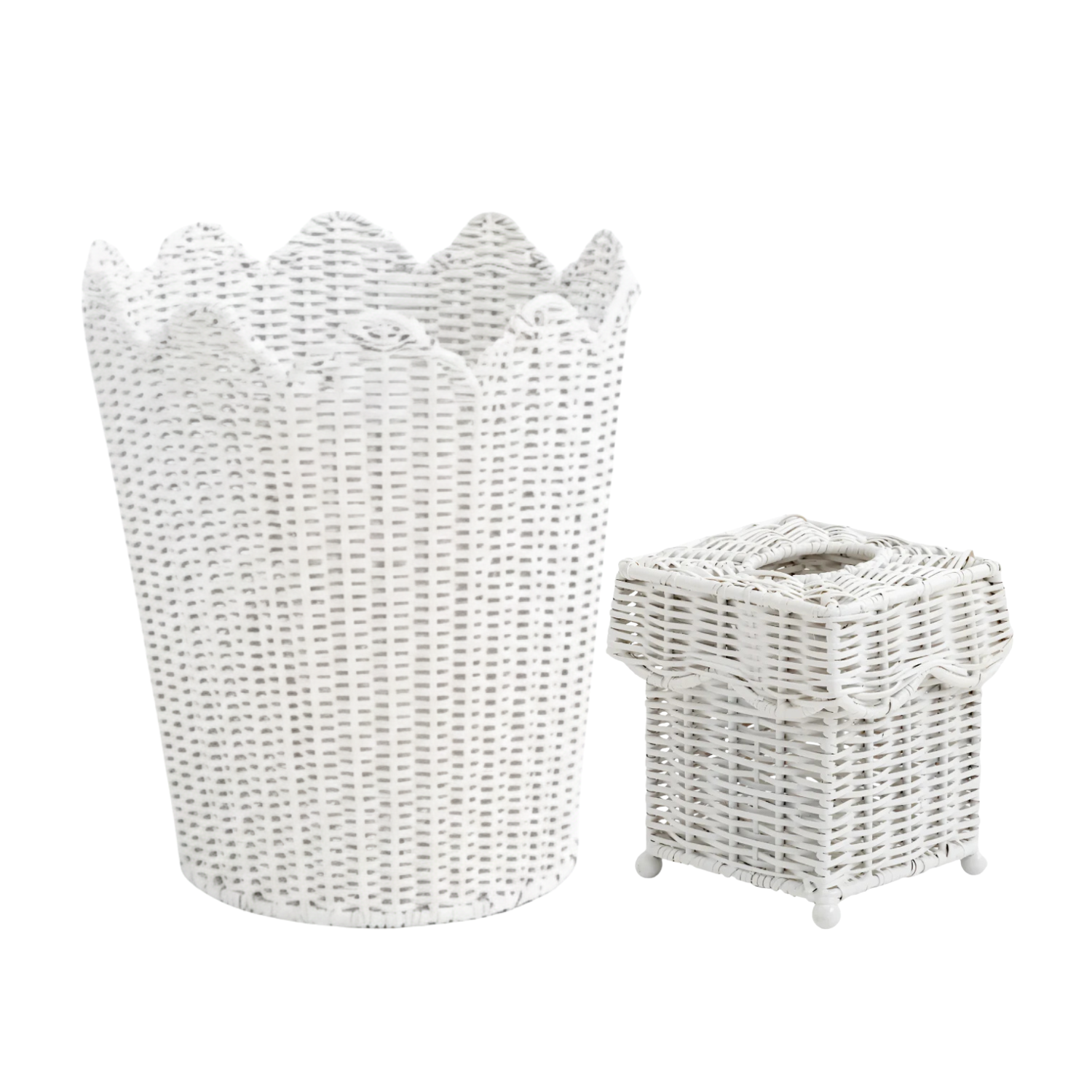 White SCALLOPED WICKER WASTEPAPER BASKET & TISSUE HOLDER