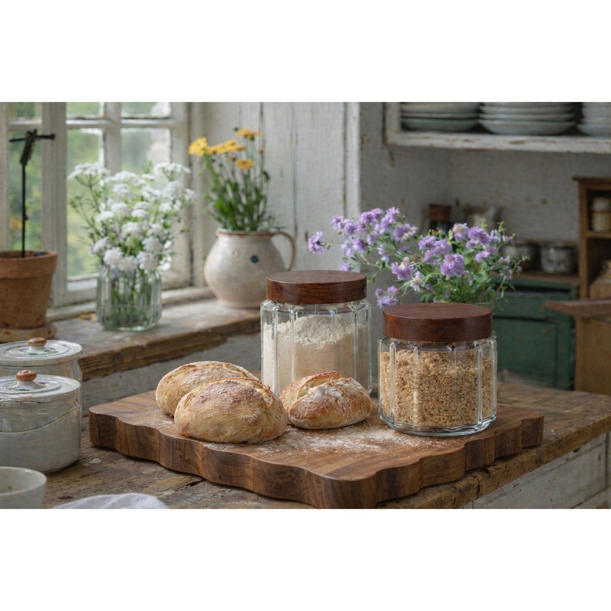 Fluted Glass Canister, Wood Lid