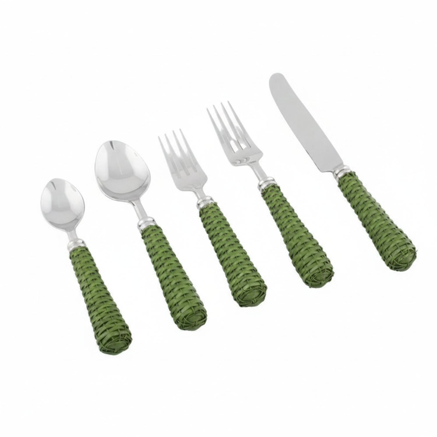 Green Basketweave Five Piece Flatware Set