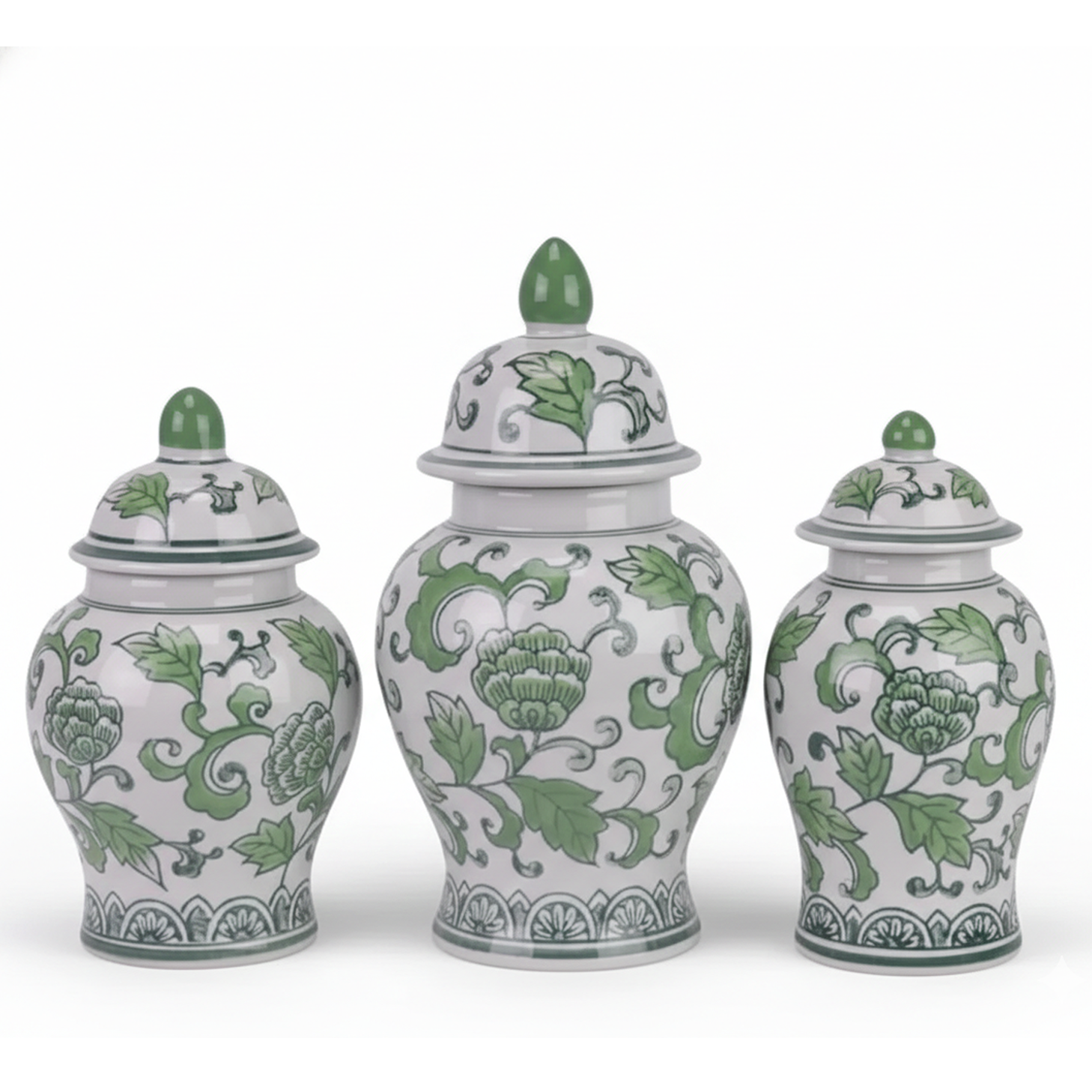 Set of 3 Green & White Floral Food Safe Jars