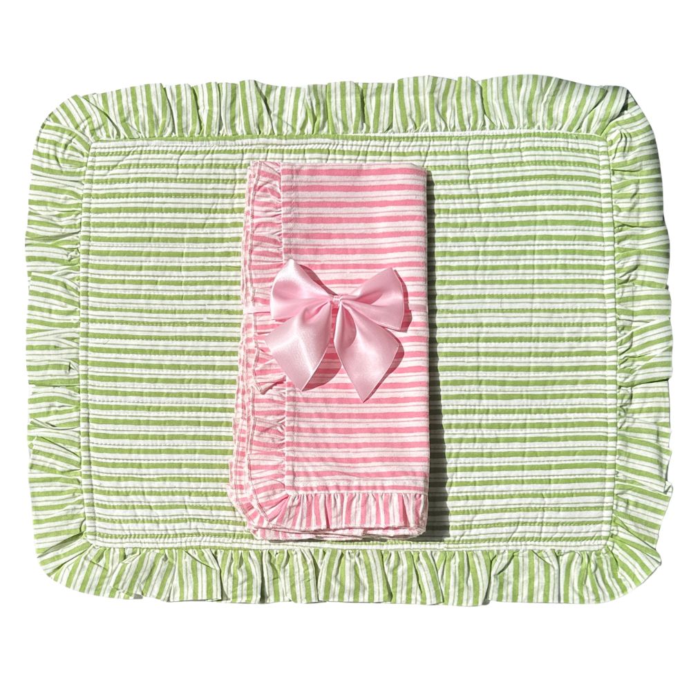 Green Stripes - Quilted Placemats with Ruffle  - Set of 4
