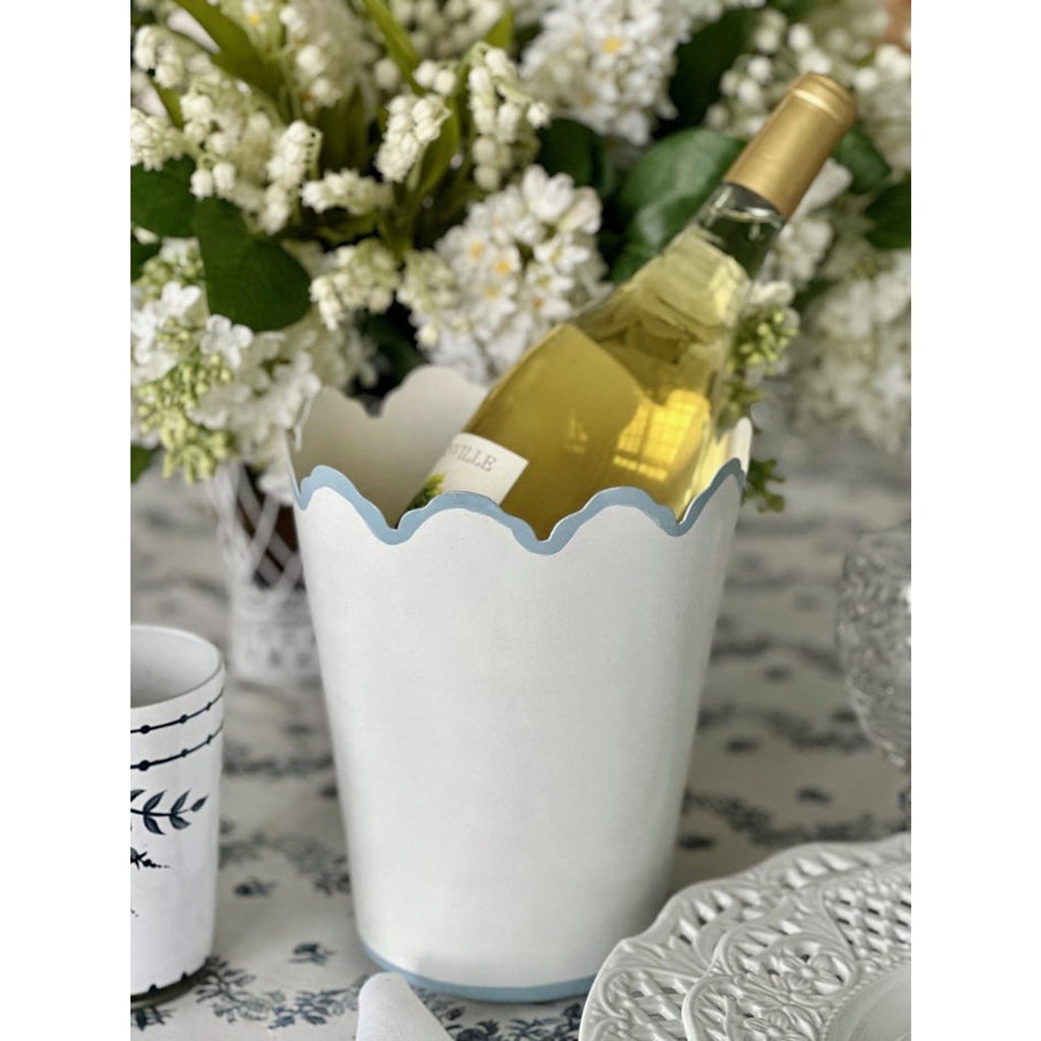 White & Pale Blue Scalloped Bucket Wastepaper Basket & Planters (4 Options)