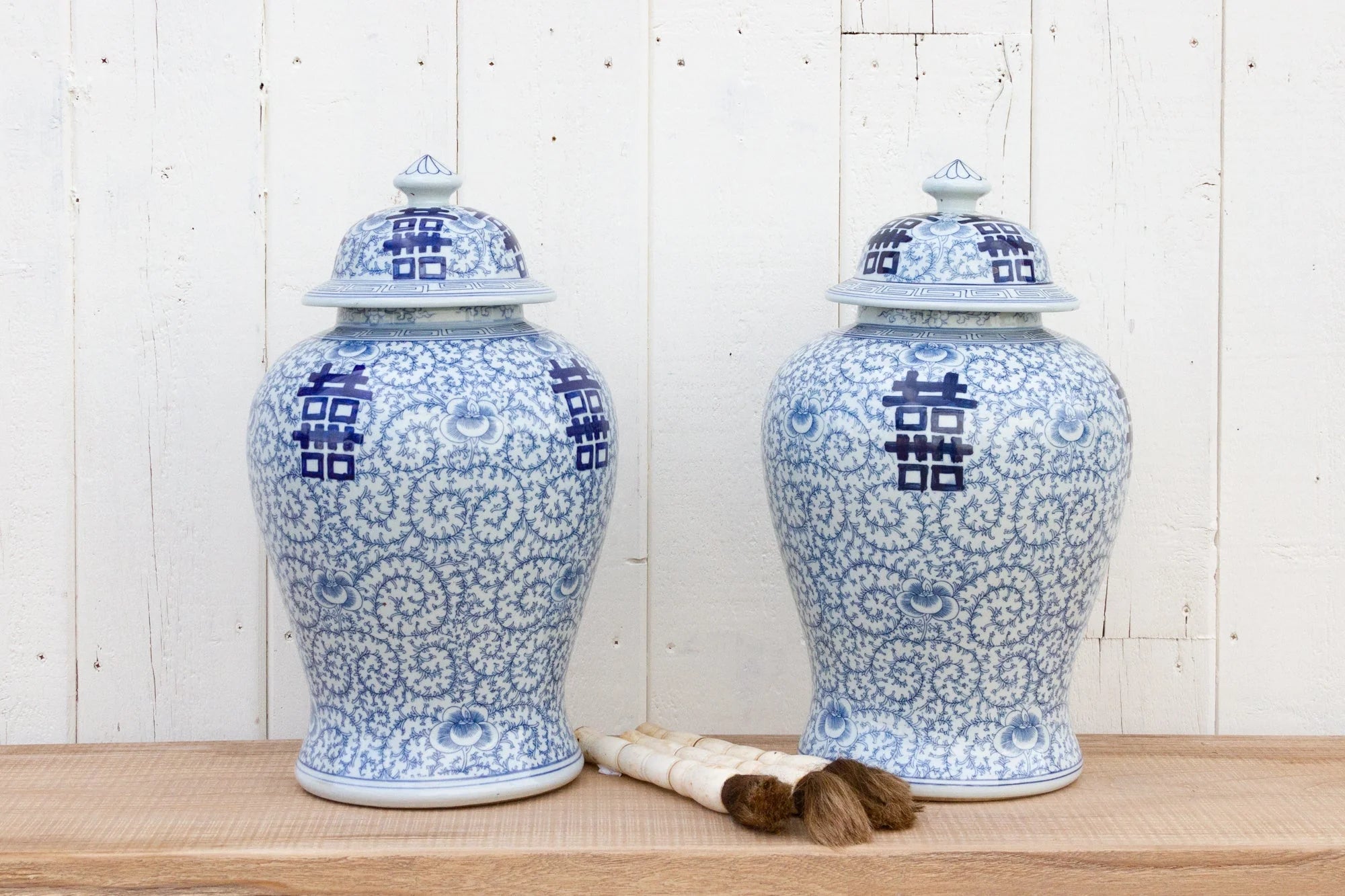 Pair of Tall Blue & White Jars