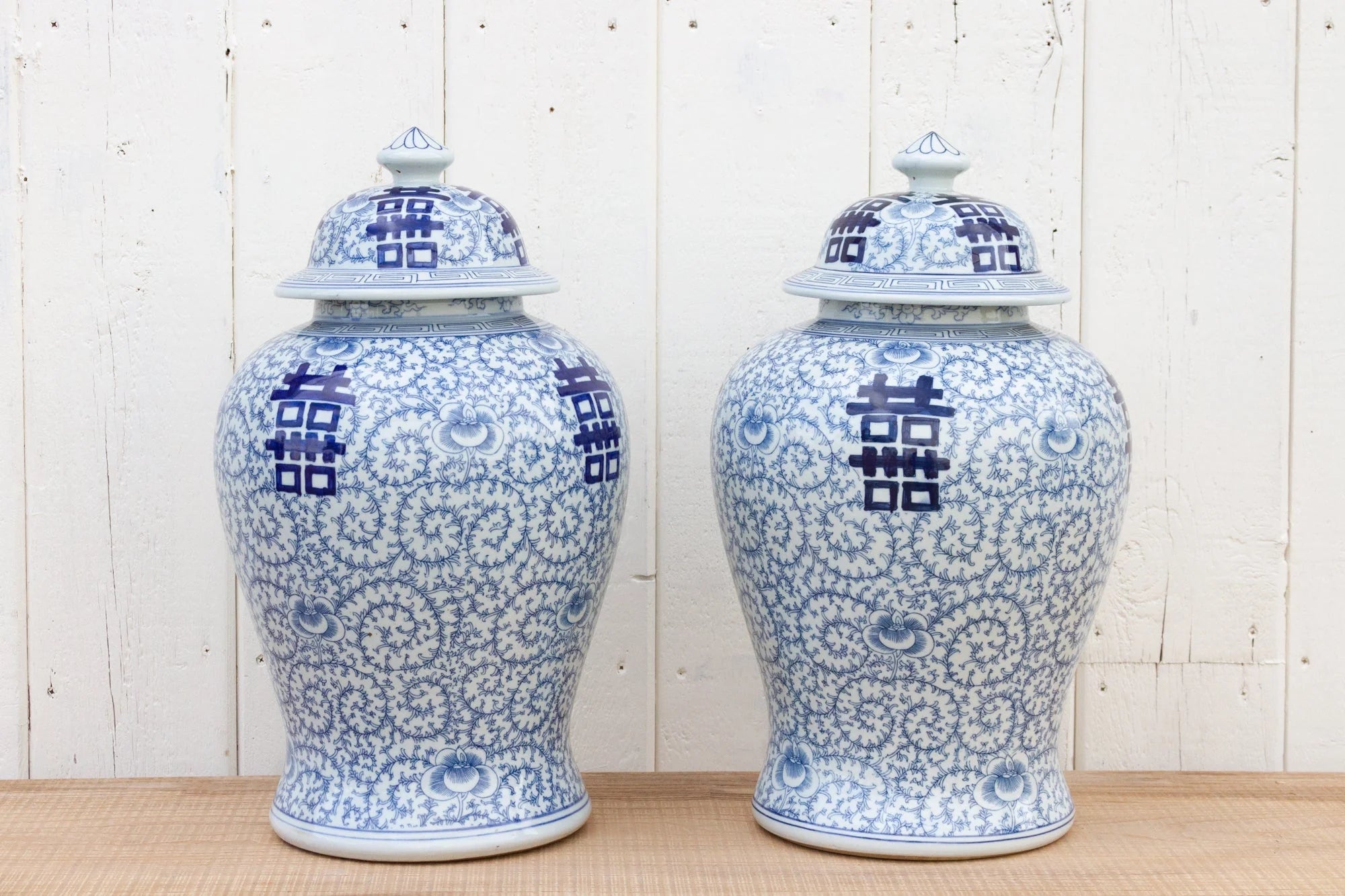 Pair of Tall Blue & White Jars