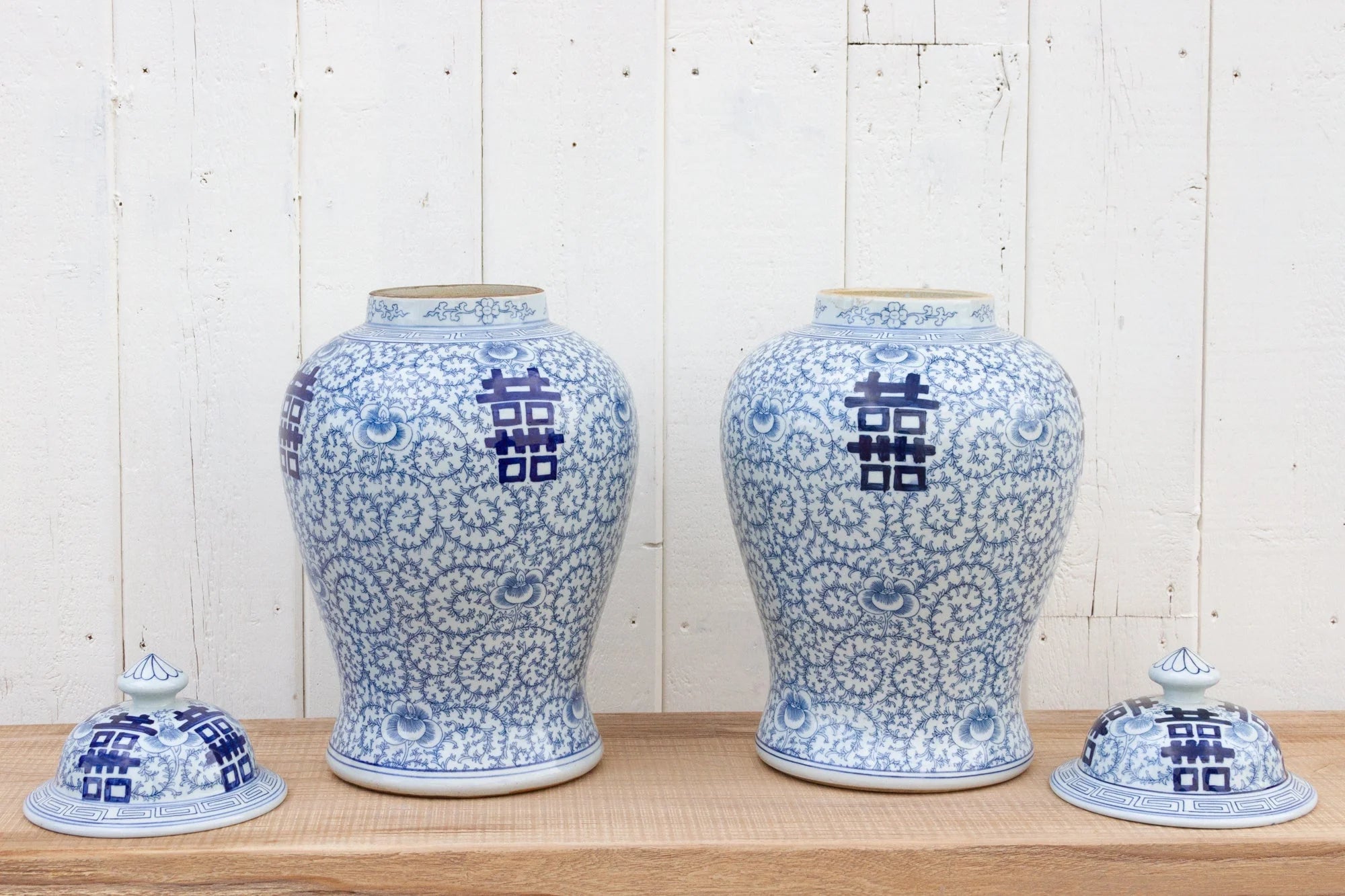 Pair of Tall Blue & White Jars