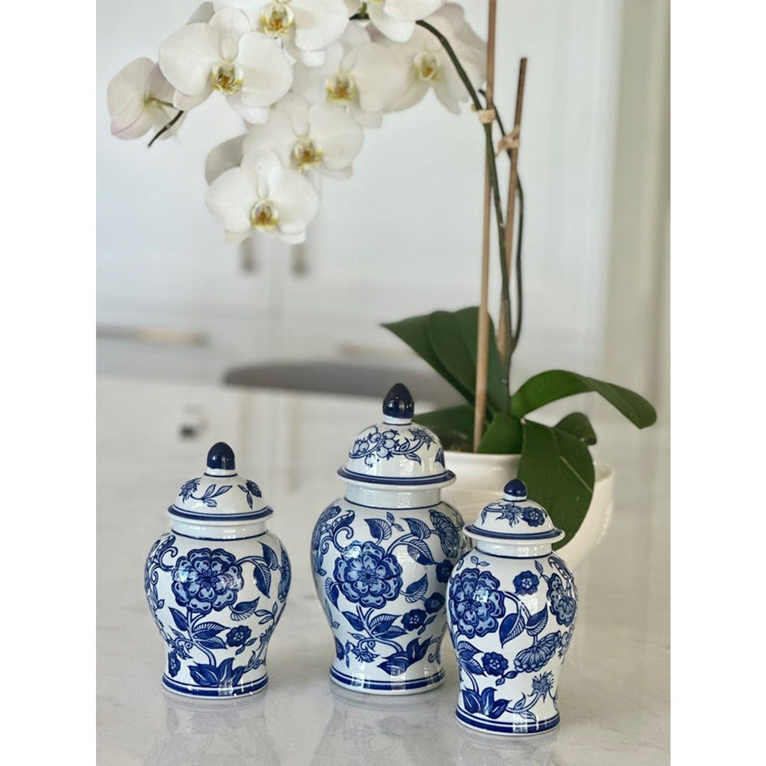Set of 3 Blue & White Flower Food Safe Jars