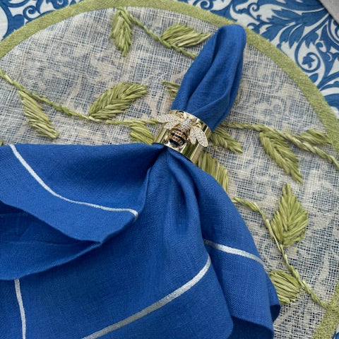 Silver trim dinner napkins, bright blue, set of two