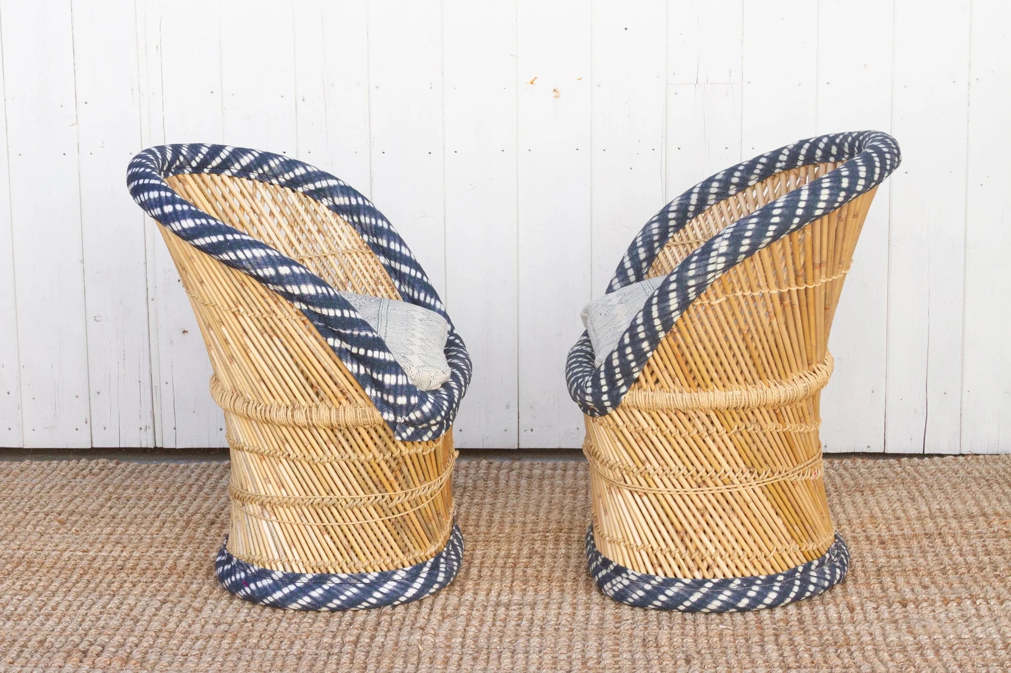 Pair Of Blue & White Bamboo Chairs