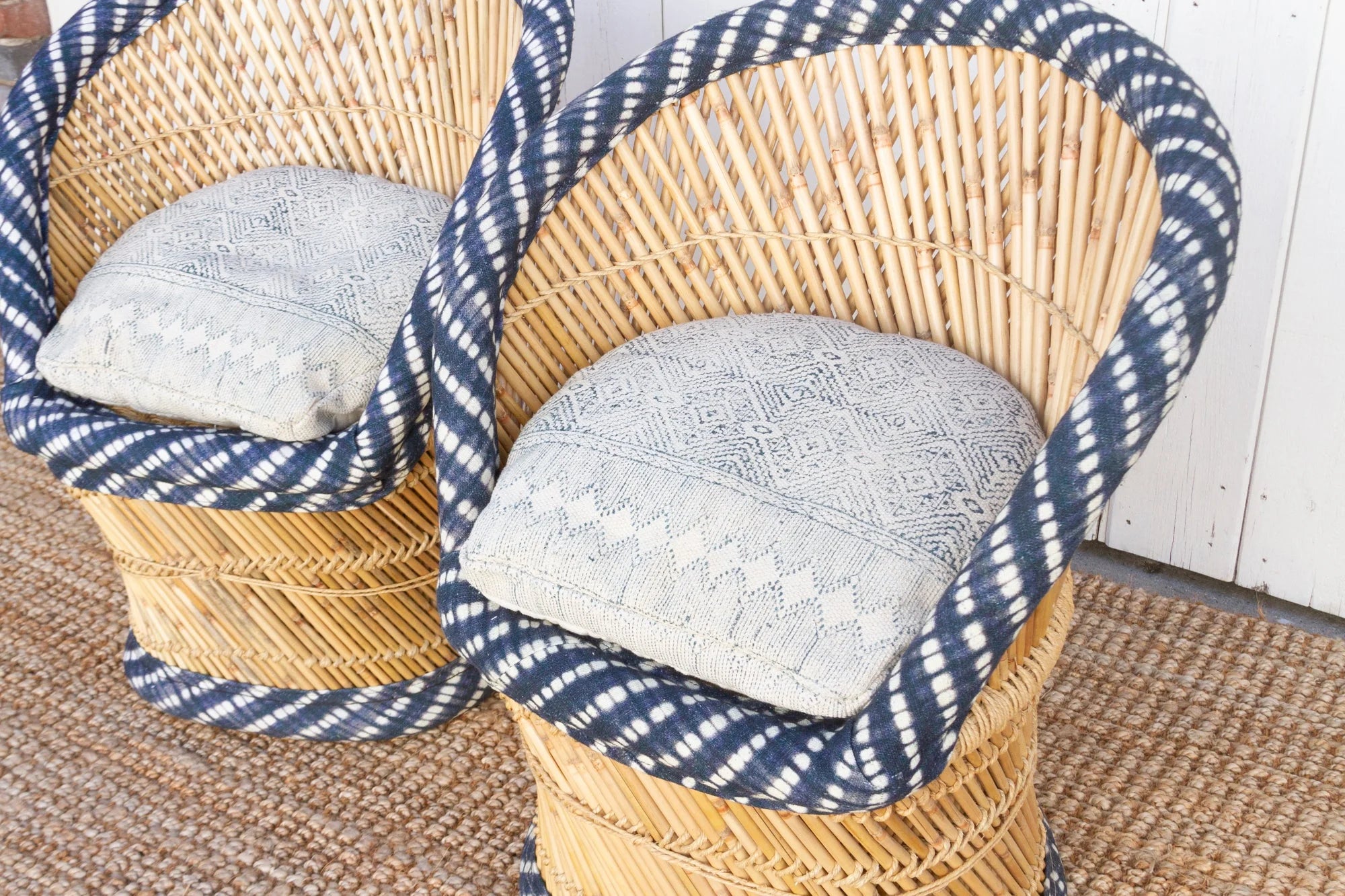 Pair Of Blue & White Bamboo Chairs