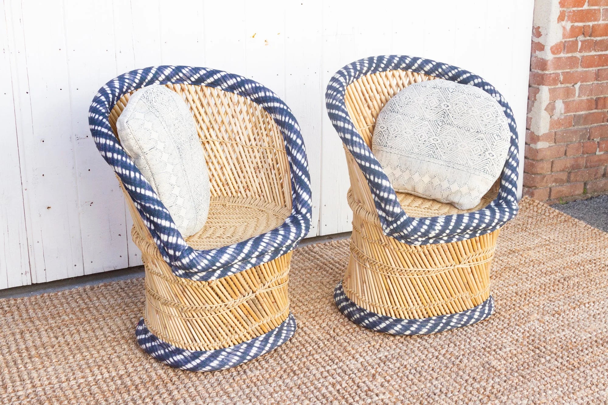 Pair Of Blue & White Bamboo Chairs