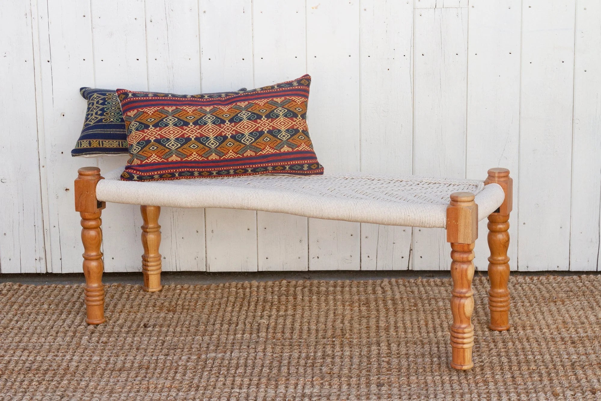 Bleached Wood Charpai Woven Top Bench