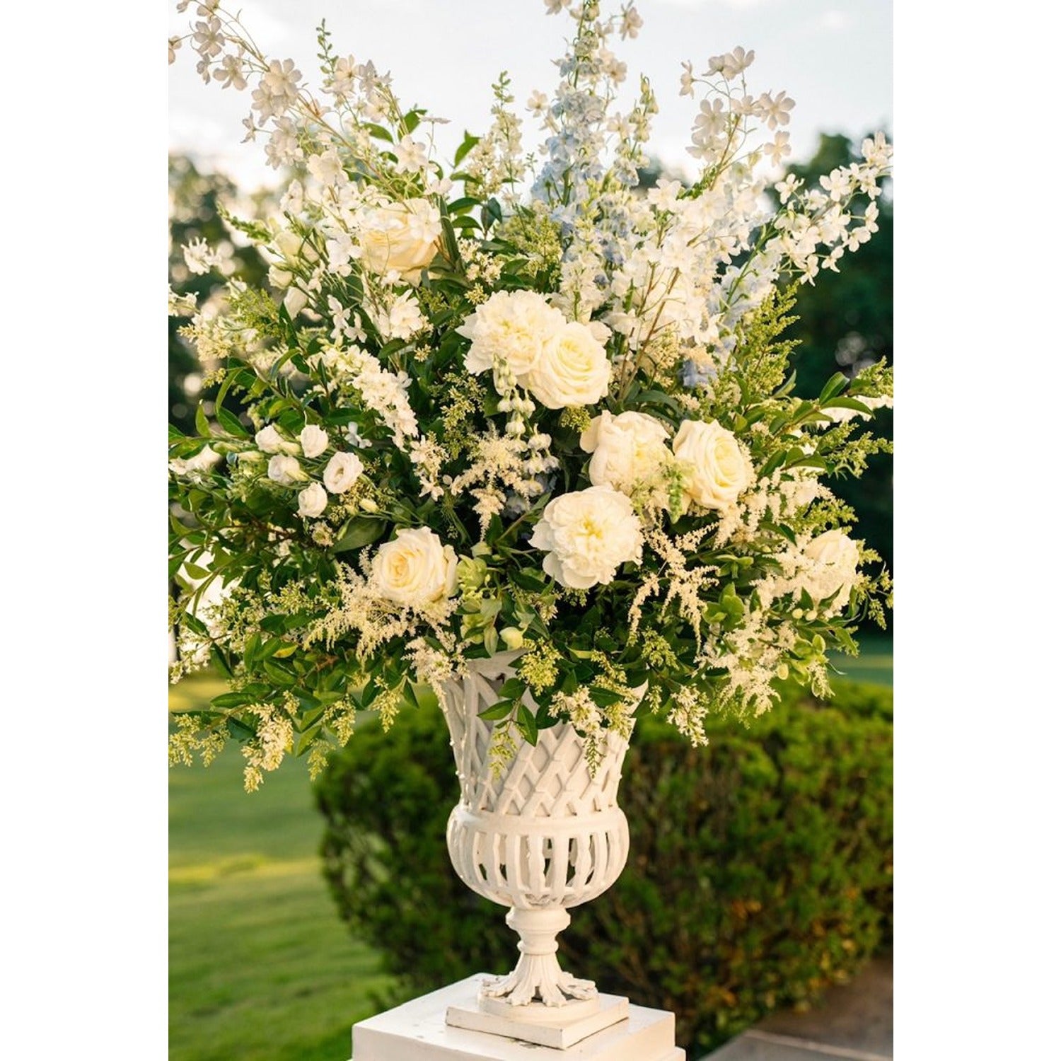 White Cast Aluminum Fretwork Urn And Pedestal