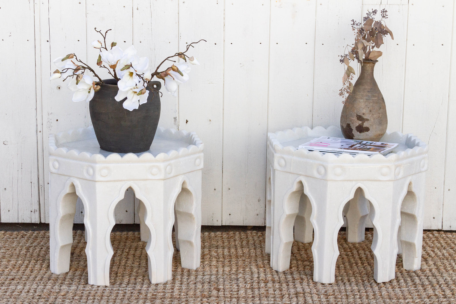 Pair of Carved White Marble End Tables