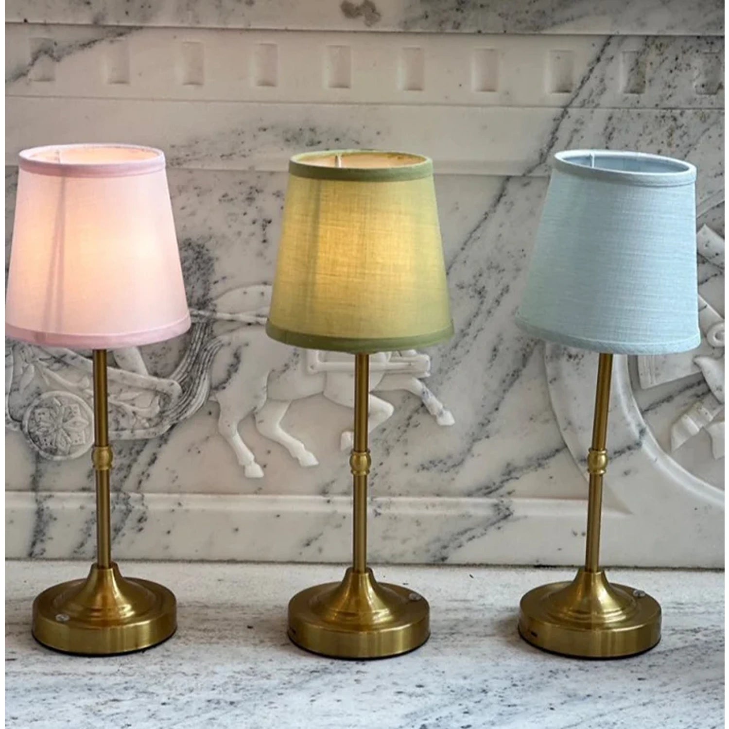 Antique Gold Metal Mini Rechargeable Lamp with Pea Green Shade