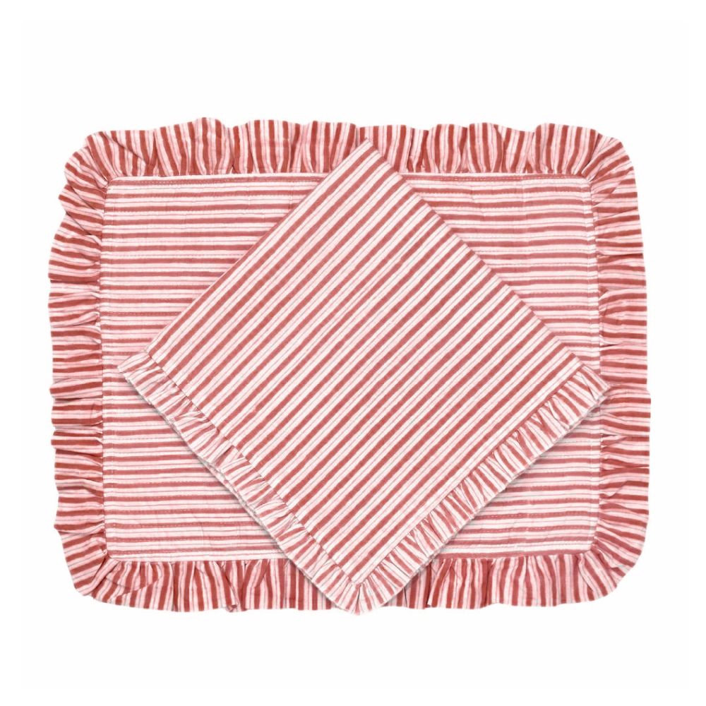 Red Stripes - Quilted Placemat with Ruffle  - Set of 4