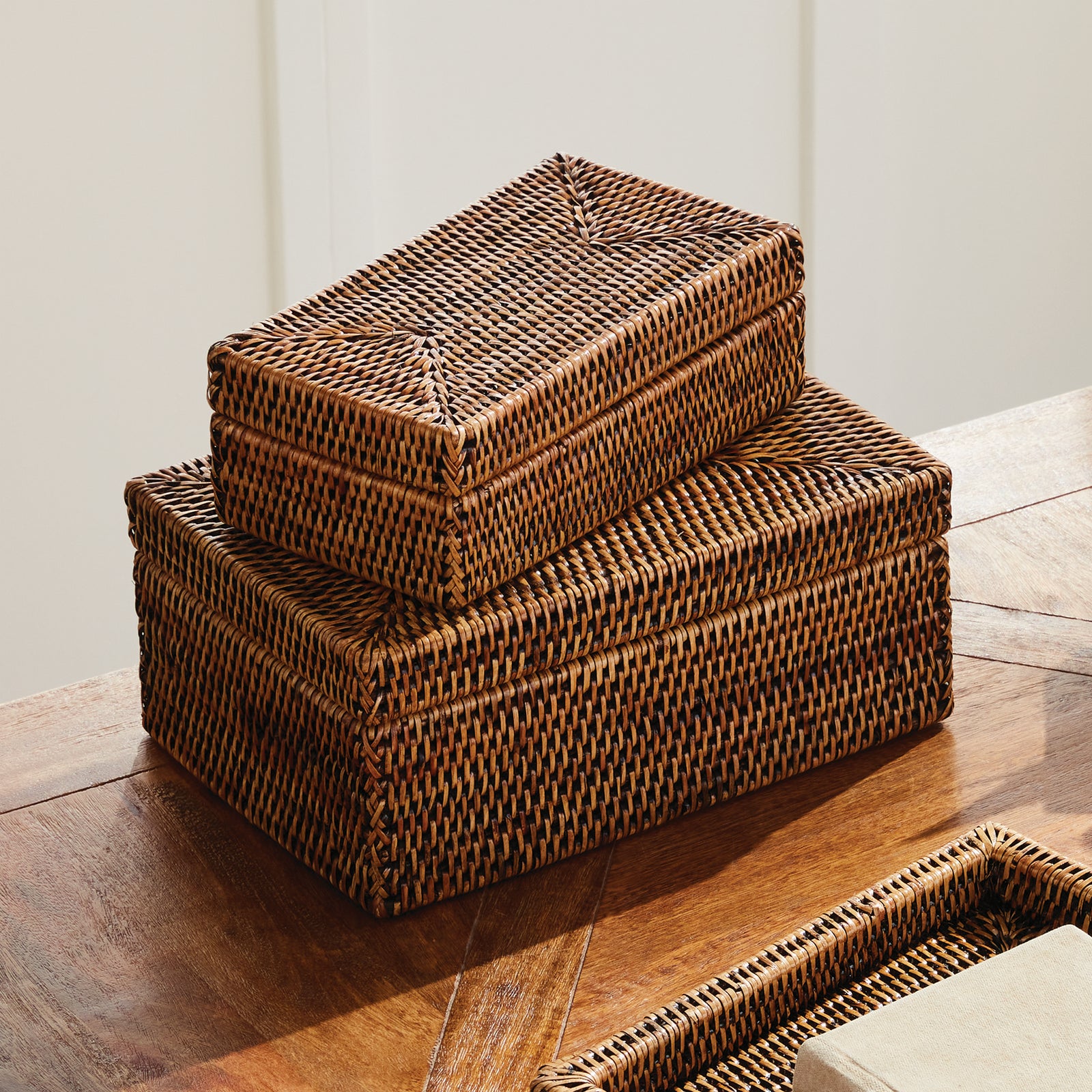 Zoe Rattan Rectangular Lidded Boxes, Set of 2