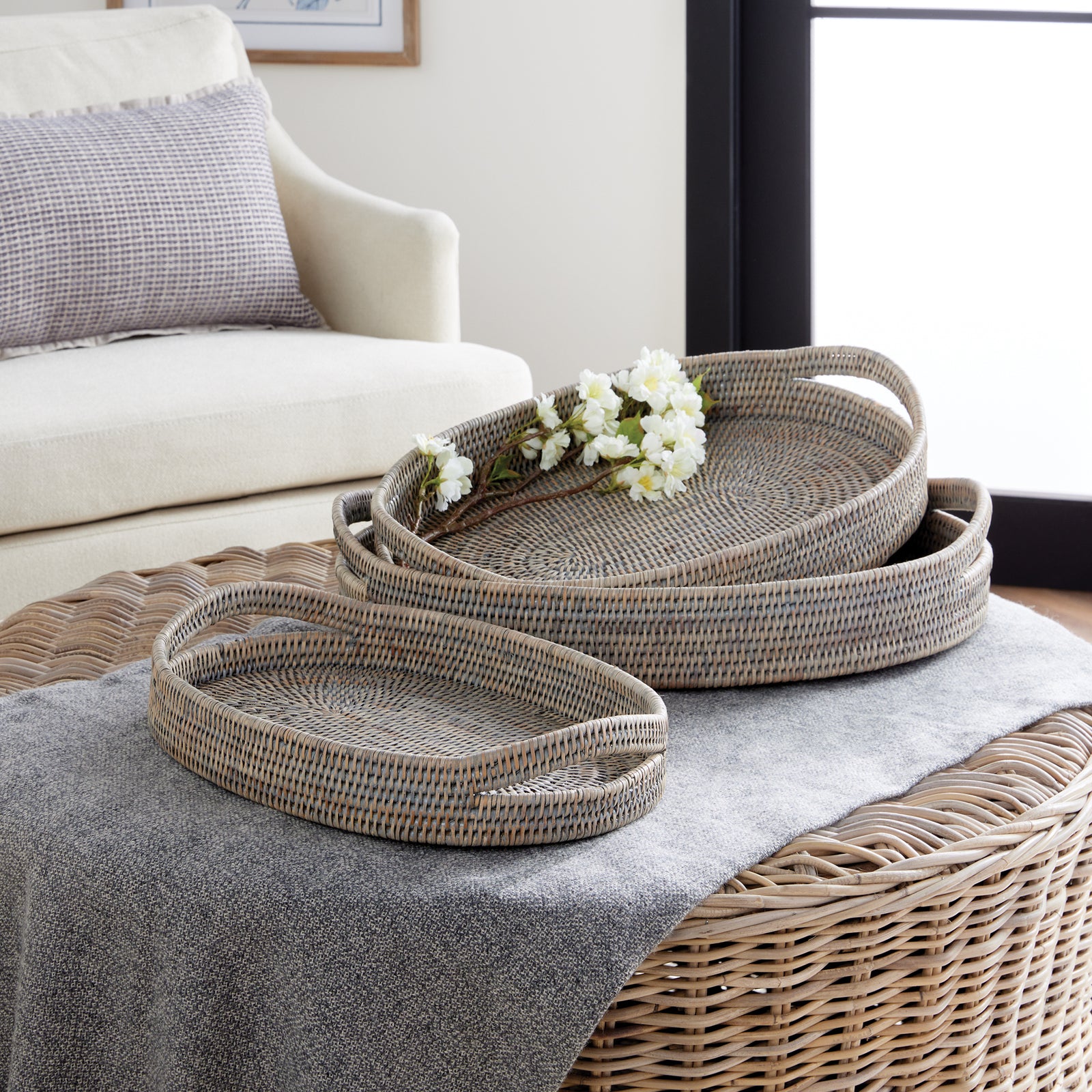 Zoe Rattan Oval Serving Trays, Set of 3