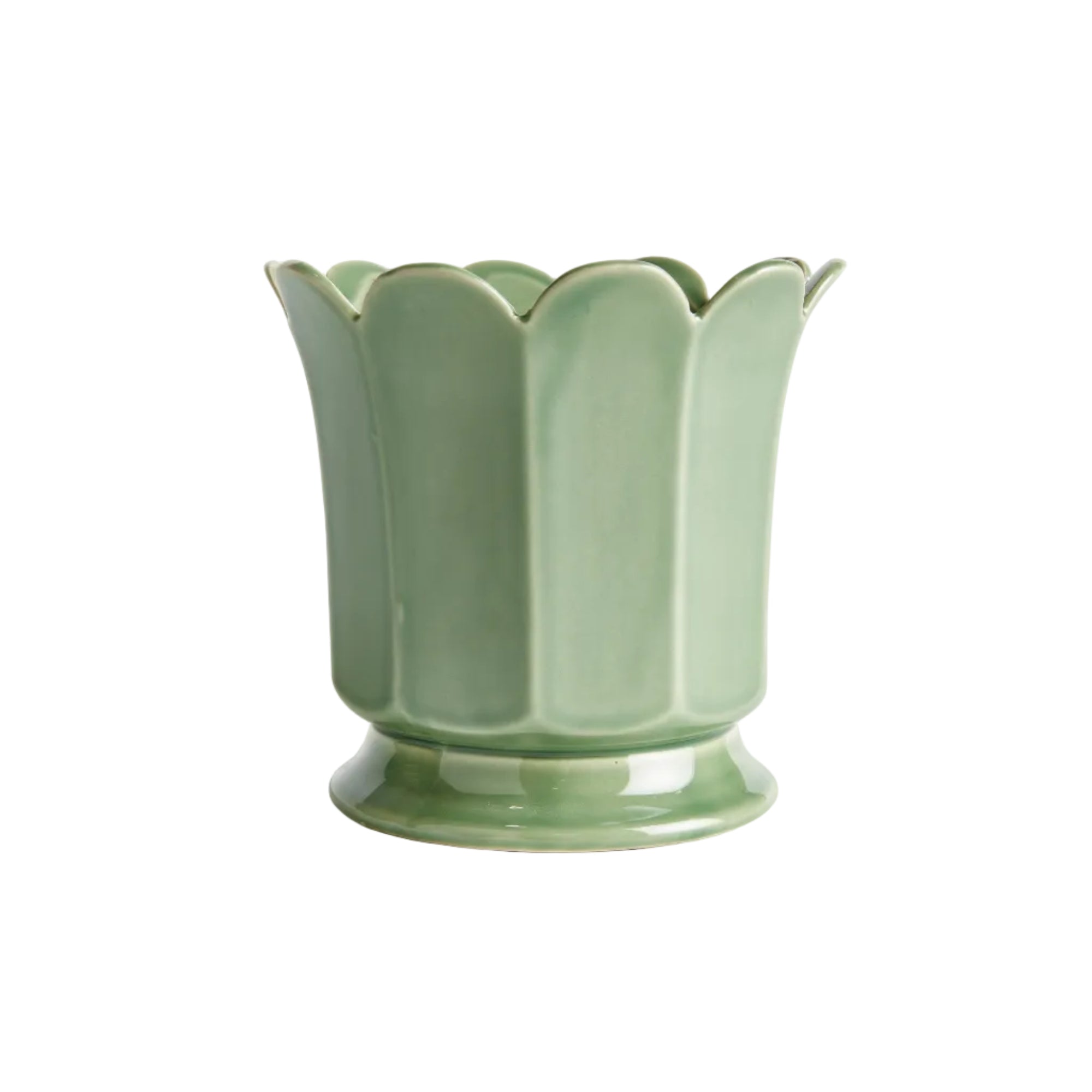Green ceramic vase with scalloped edge on a white background