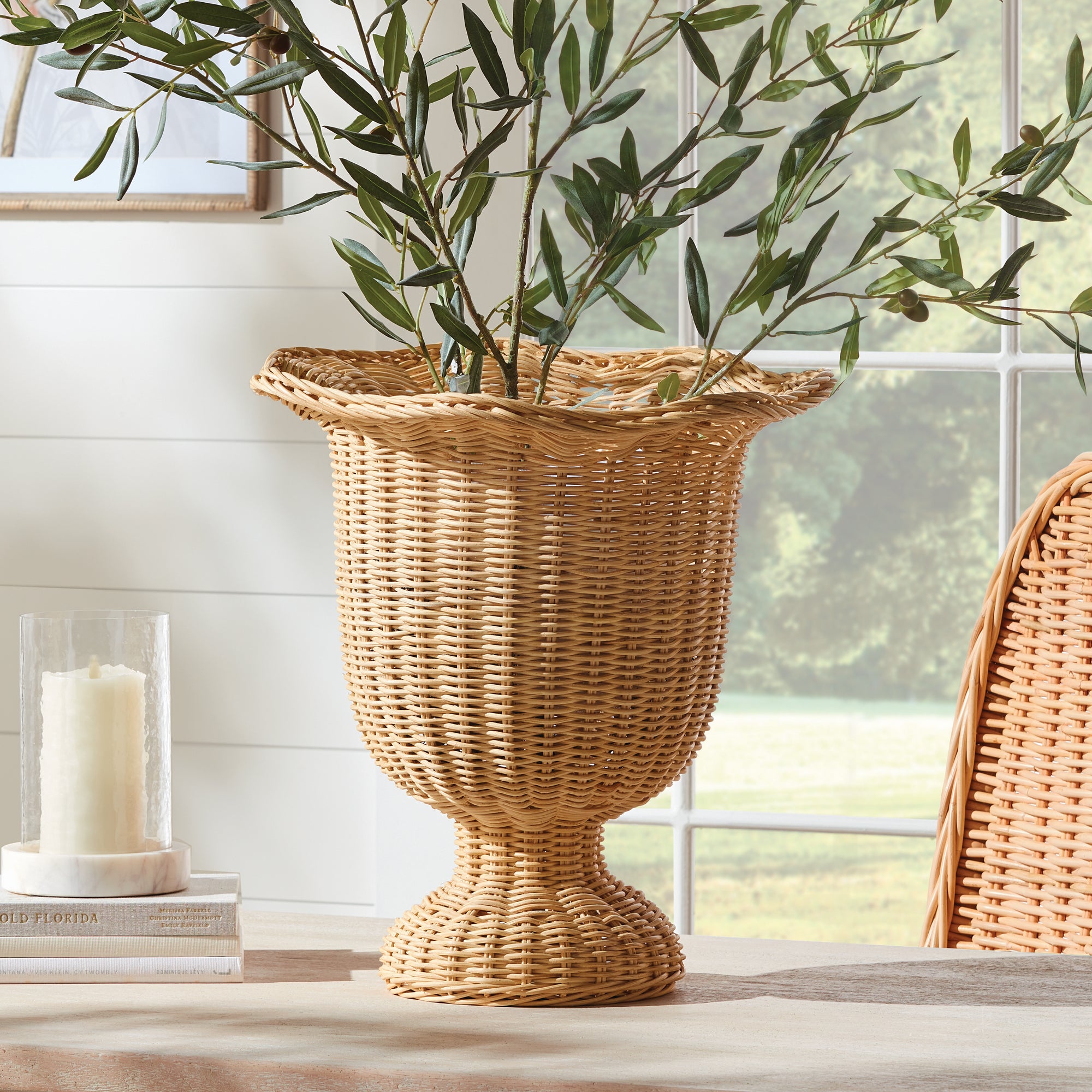Nola Rattan Scalloped Edge Footed Urn