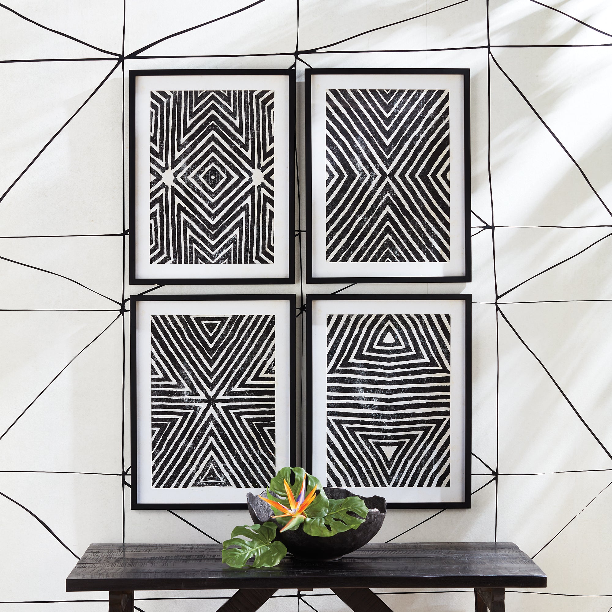 Noire Achromatic Geometric Prints, Set of 4