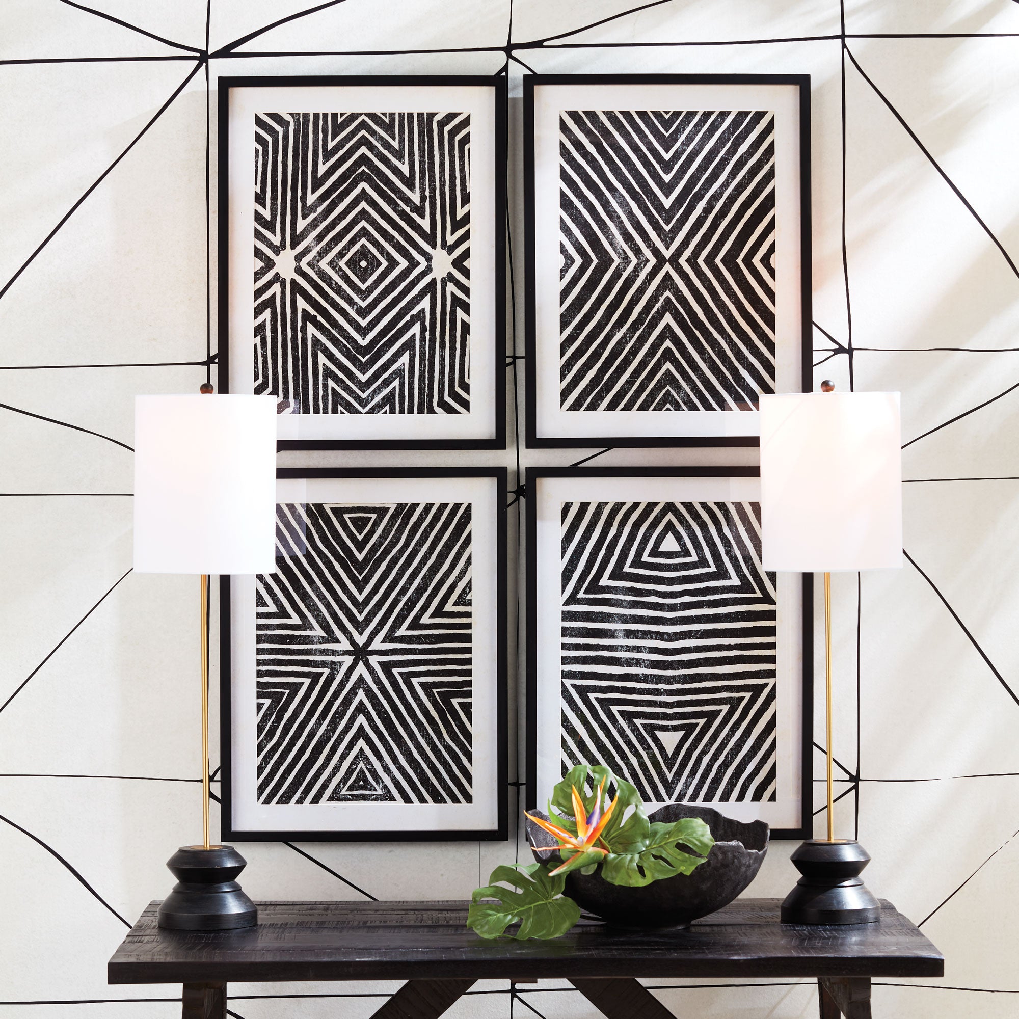 Noire Achromatic Geometric Prints, Set of 4