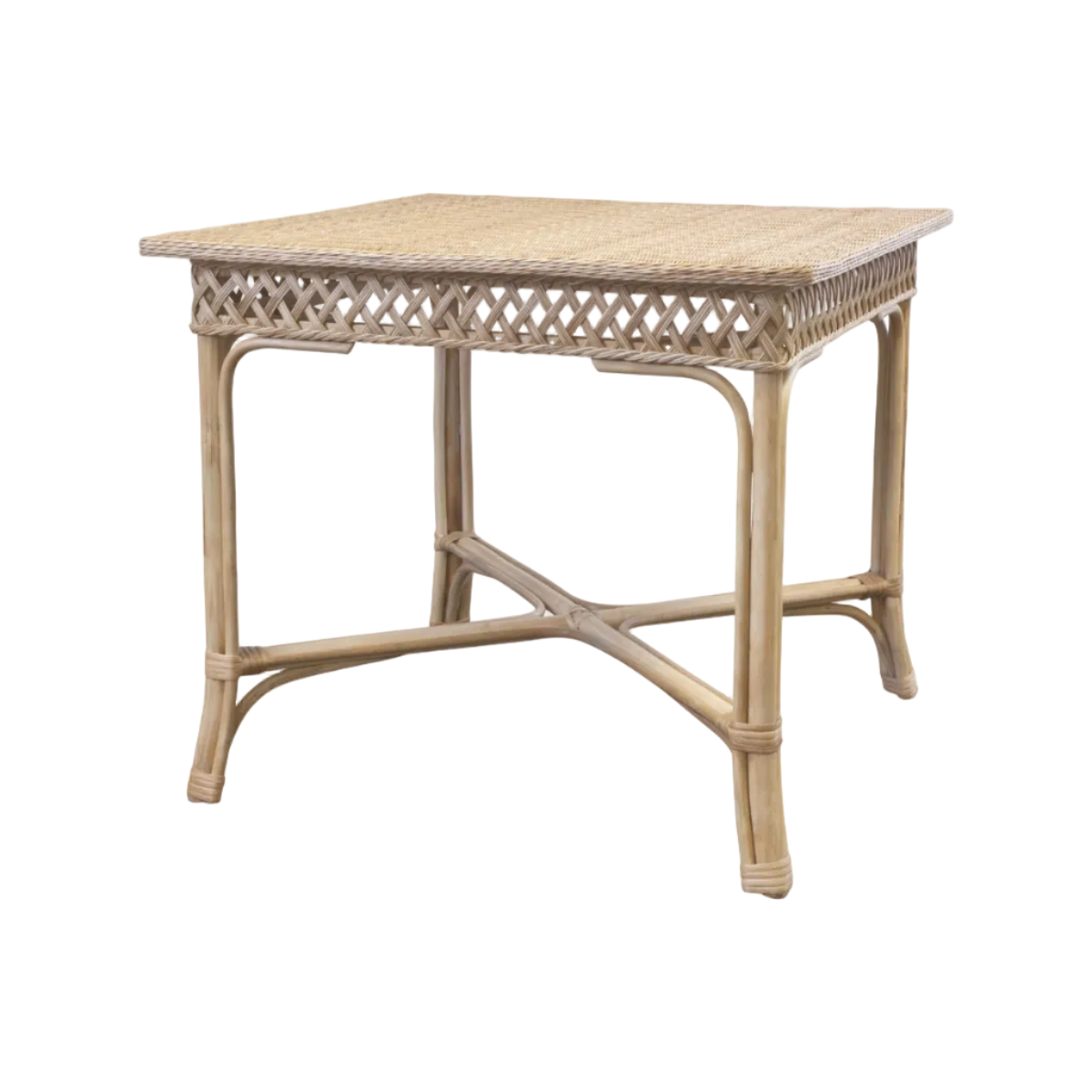 Wicker side table with lattice design on a white background