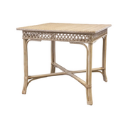 Wicker side table with lattice design on a white background