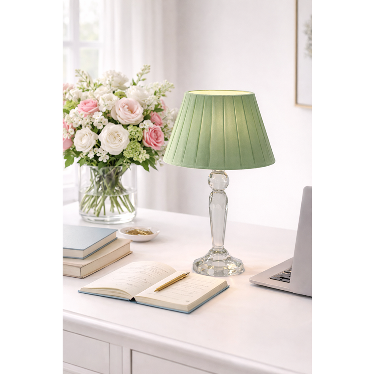 Round Crystal Rechargeable Lamp with Sage Green Shade