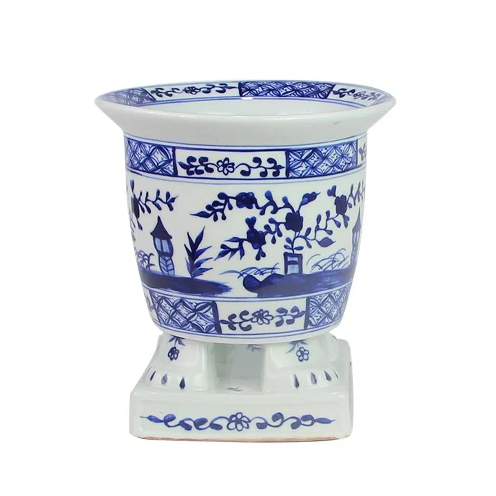 Dark Blue Footed Village Scene Planter