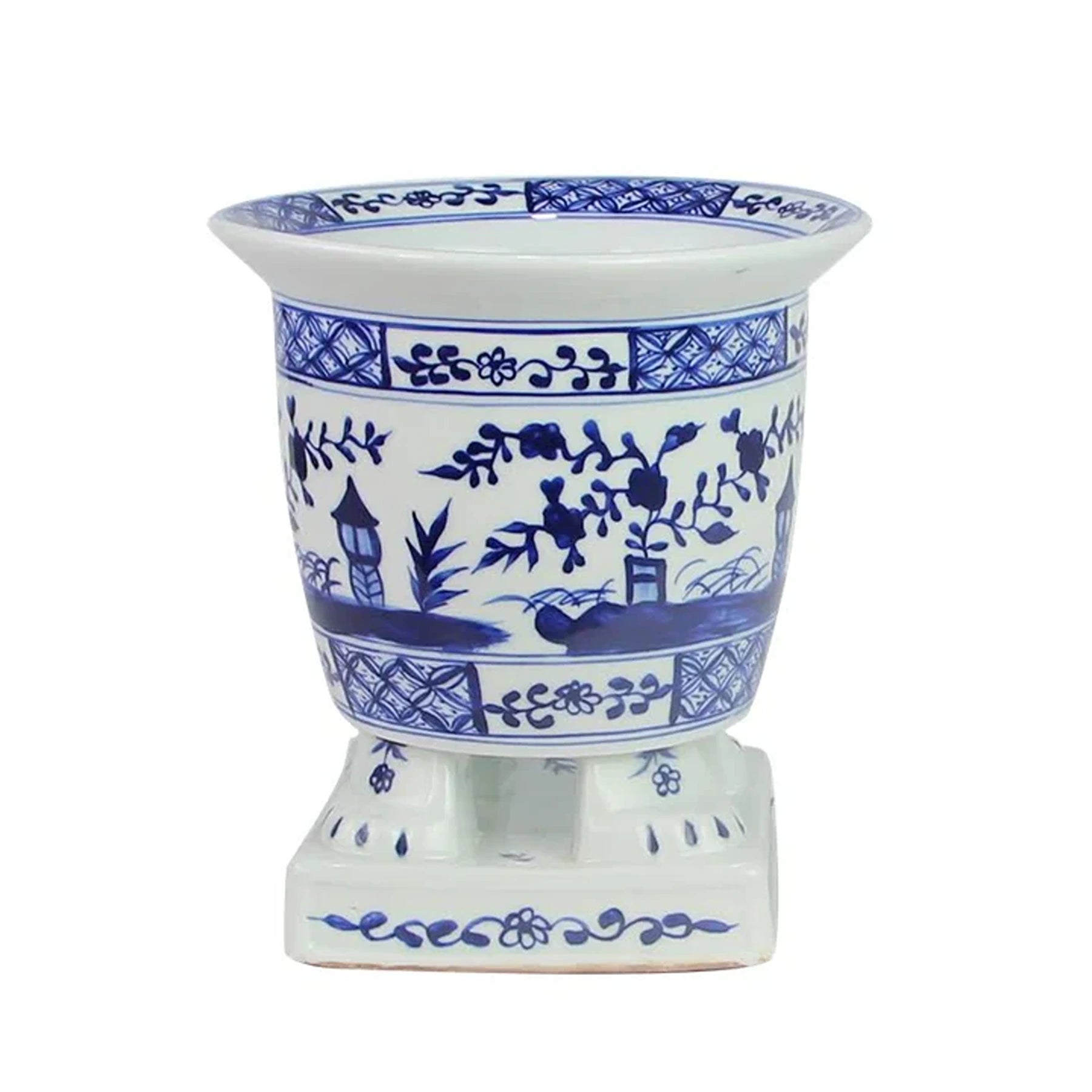 Dark Blue Footed Village Scene Planter