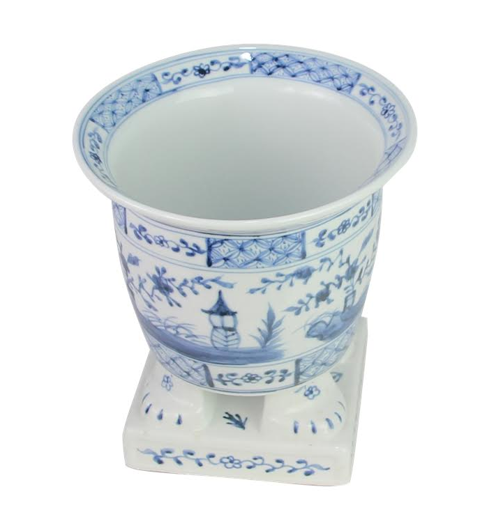 Light Blue Footed Village Scene Planter