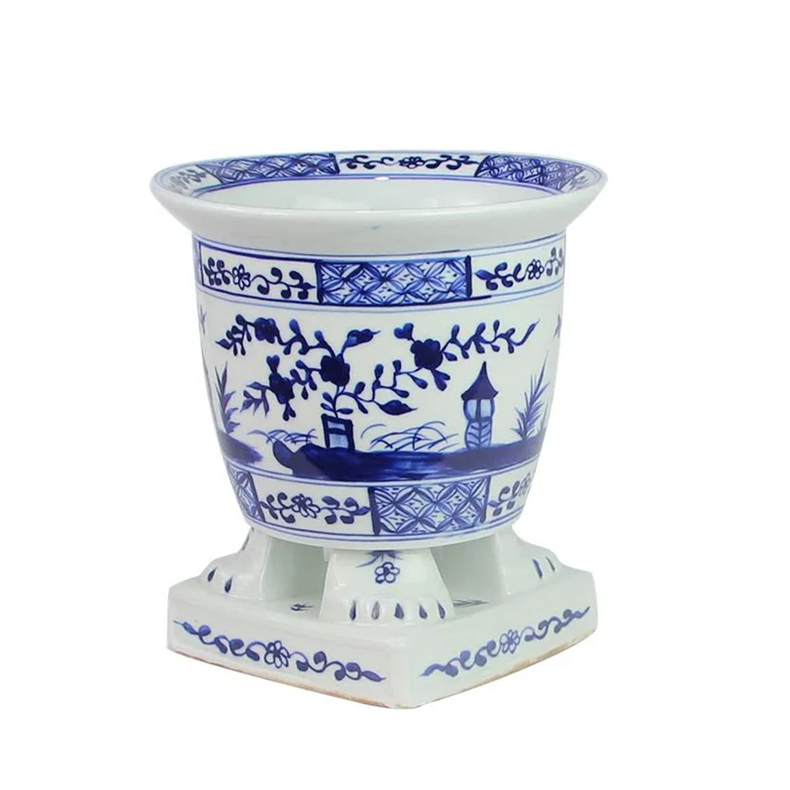 Dark Blue Footed Village Scene Planter