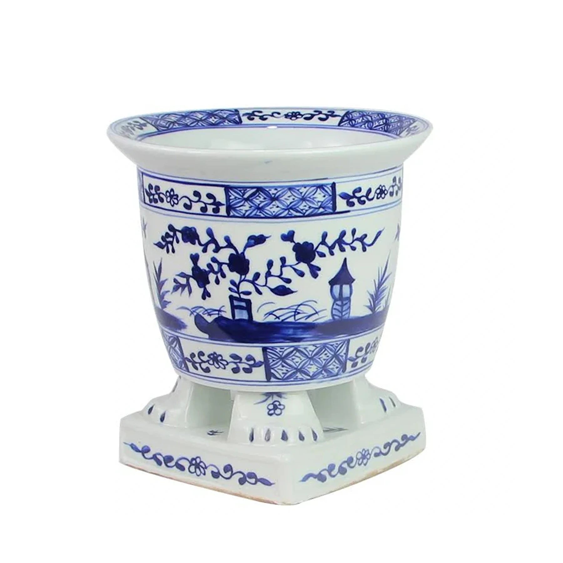 Dark Blue Footed Village Scene Planter