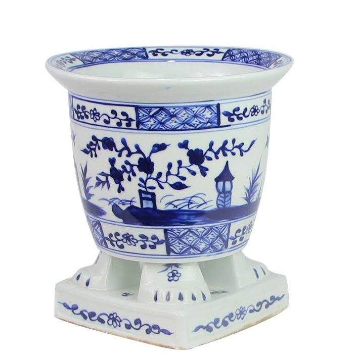 Dark Blue Footed Village Scene Planter