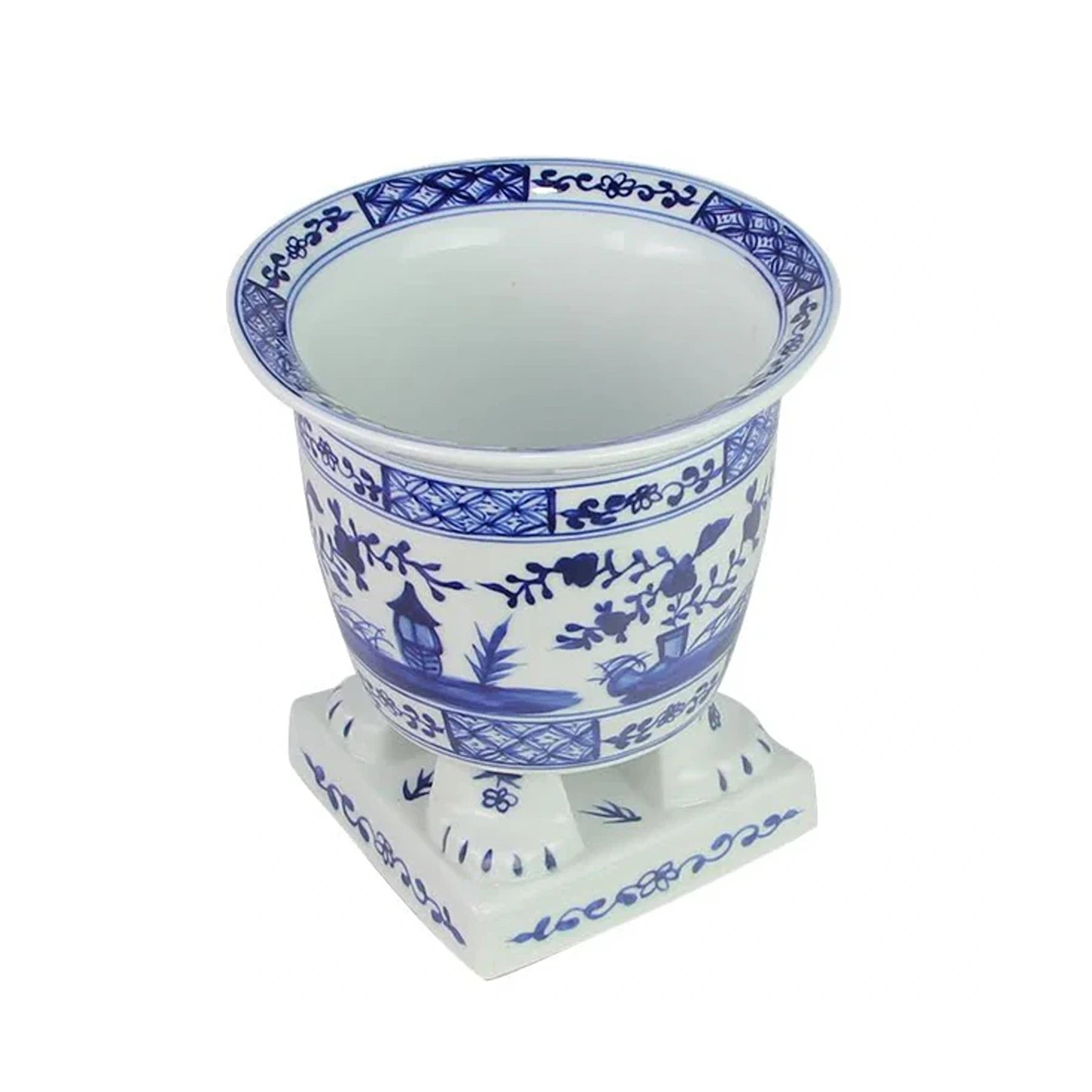 Dark Blue Footed Village Scene Planter