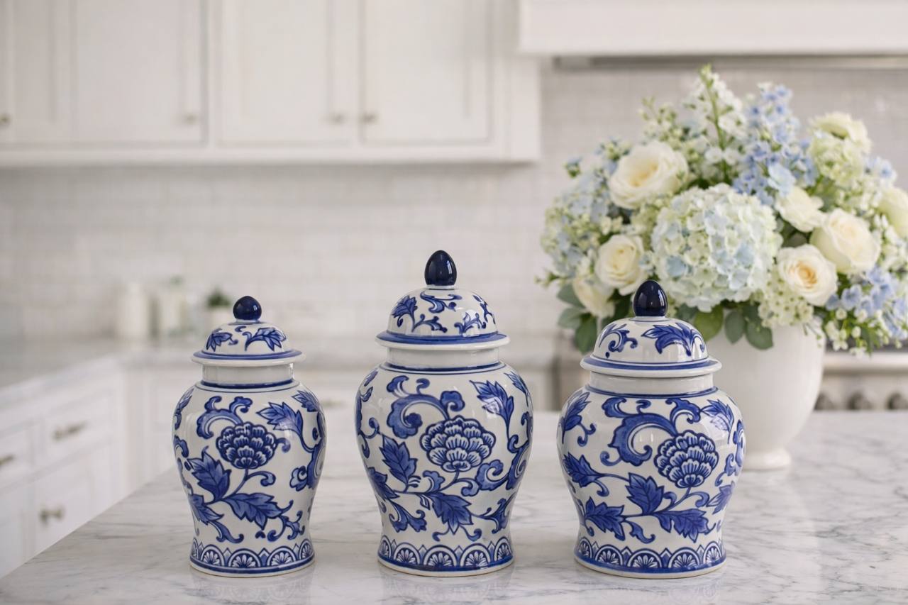 Set of 3 Blue & White Floral Food Safe Jars