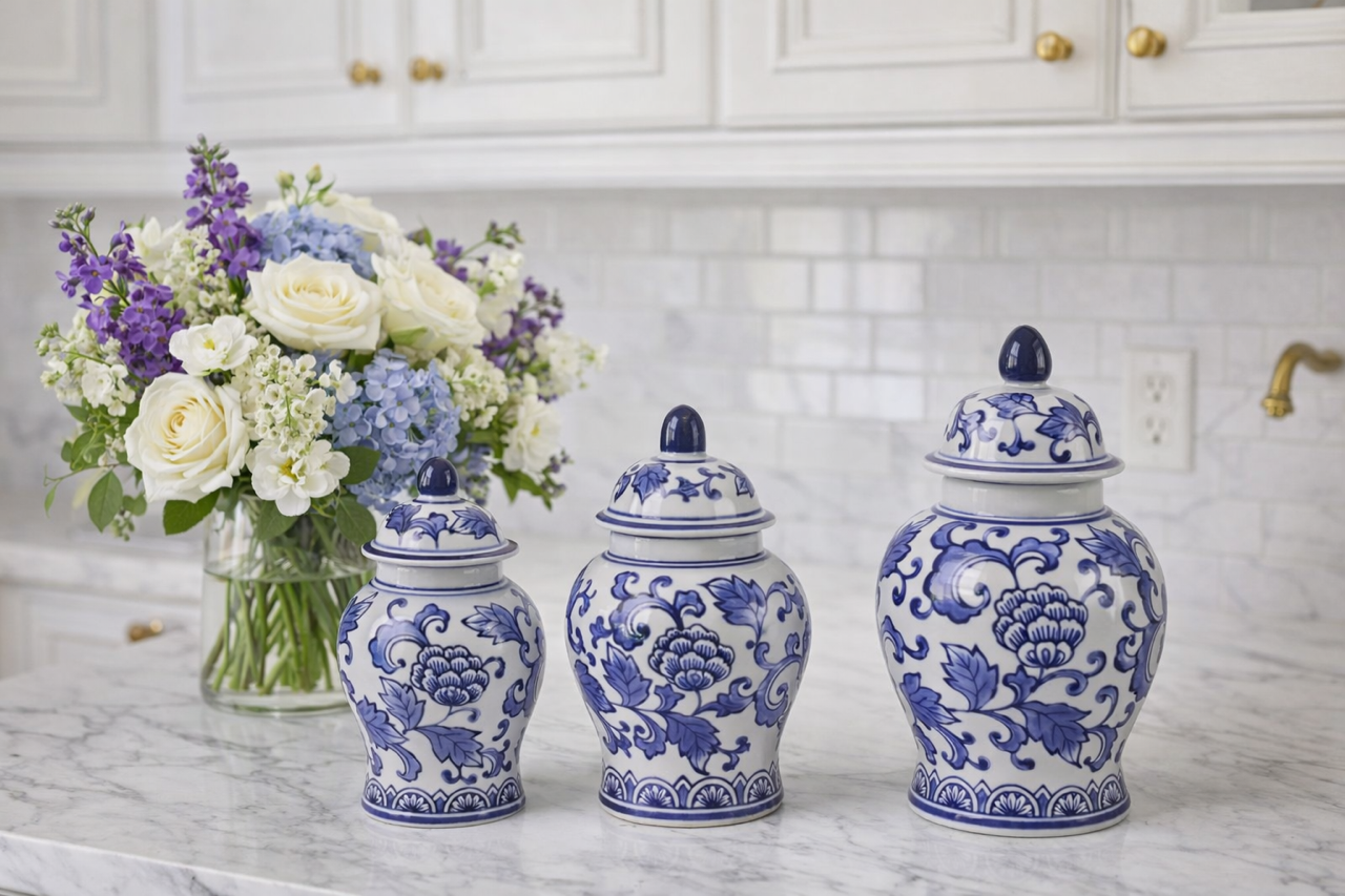 Set of 3 Blue & White Floral Food Safe Jars