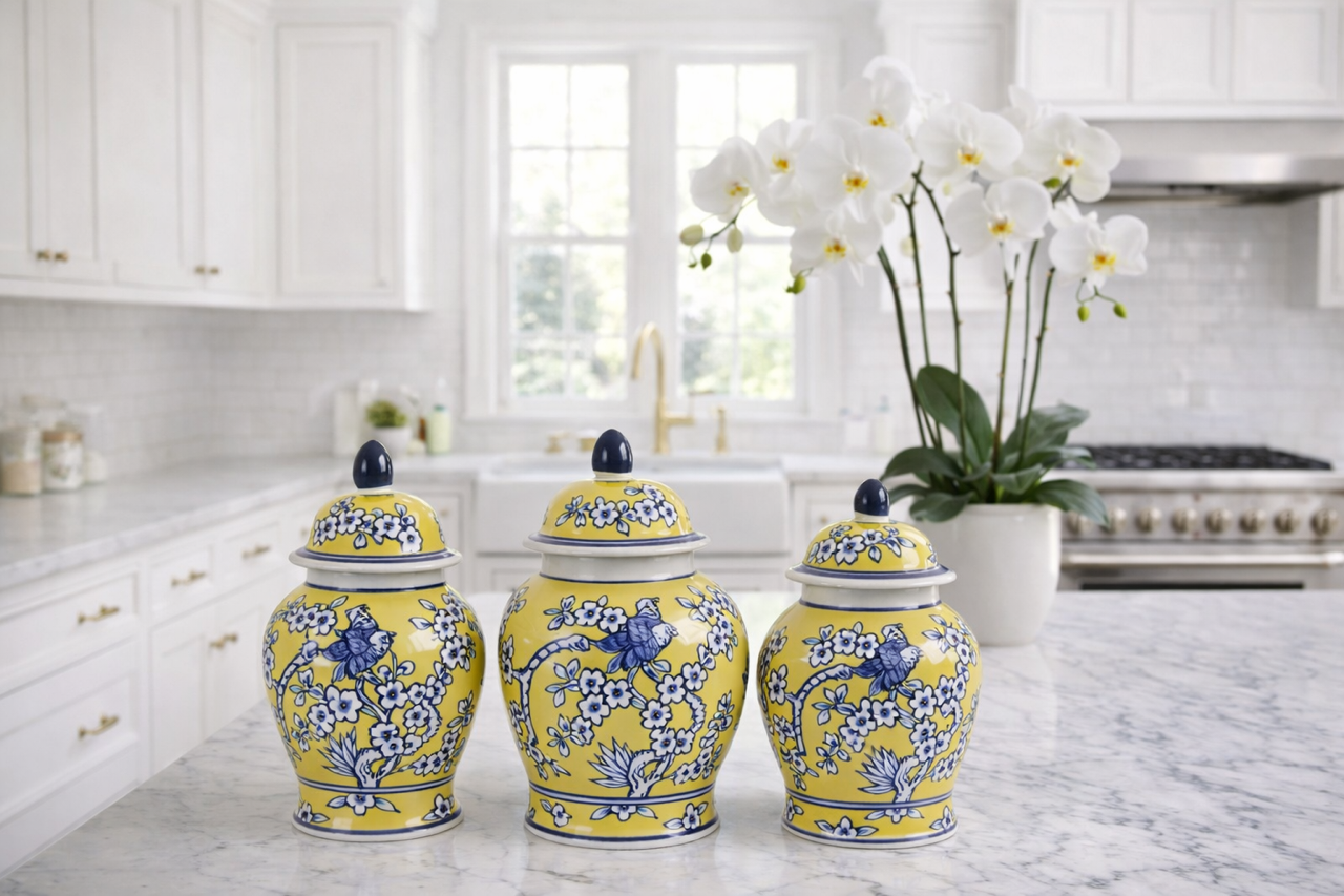 Set of 3 Yellow & Blue Floral Food Safe Jars