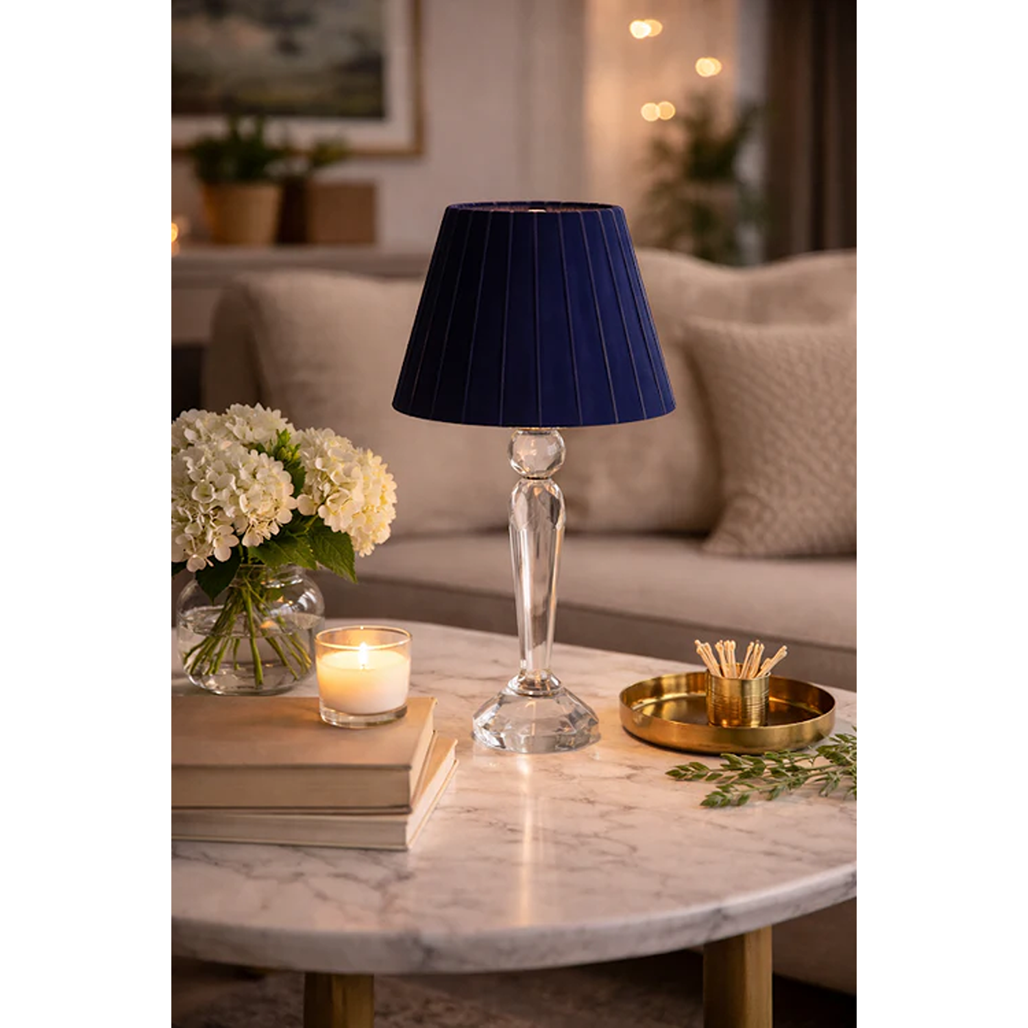 Round Crystal Rechargeable Lamp with Navy Velvet Shade