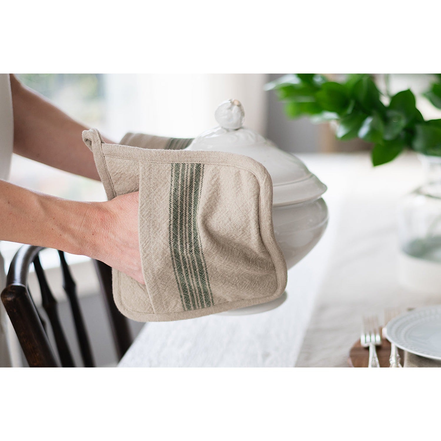 Pot Holder, Vintage Spruce Green Stripe, Set of 2