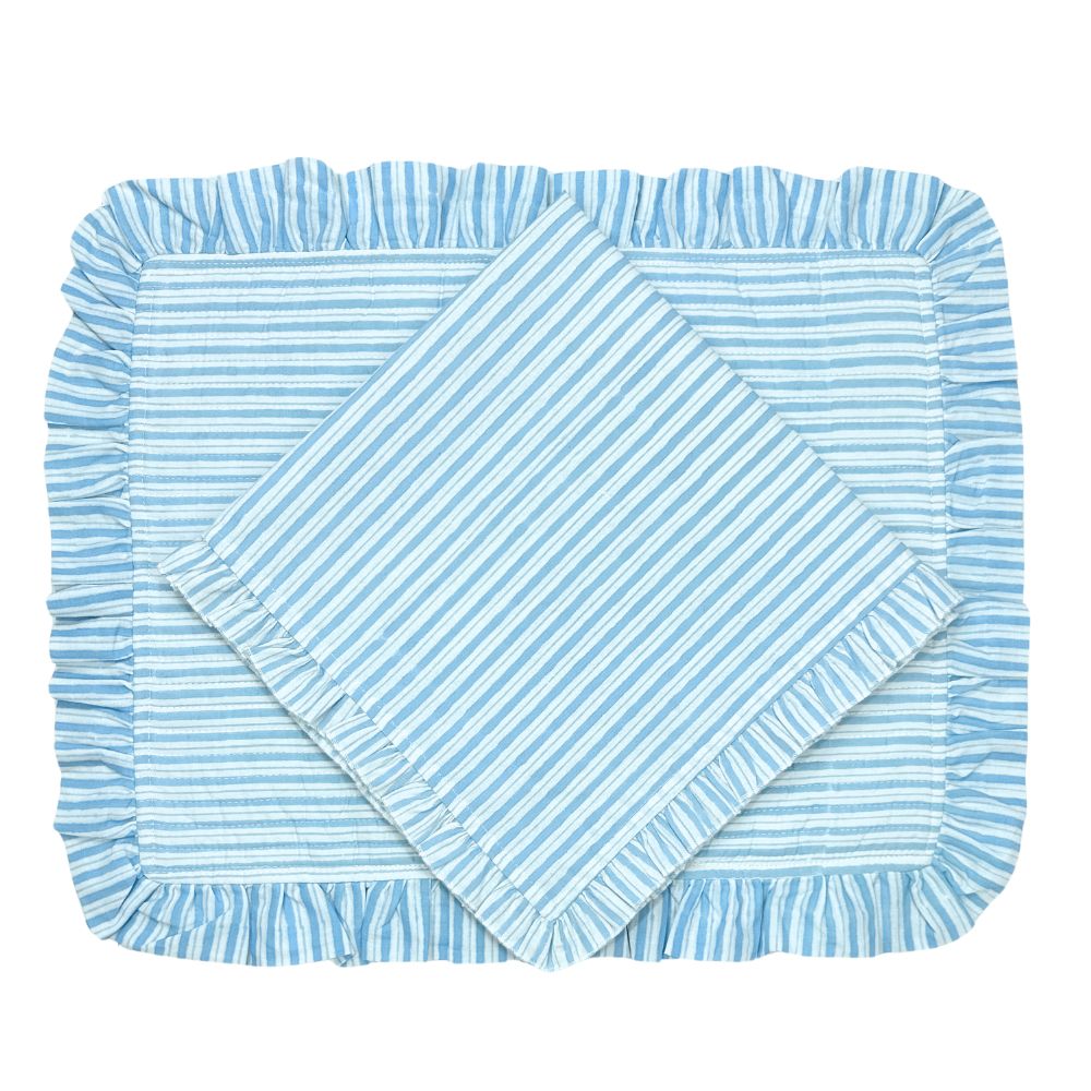 Blue Stripes - Quilted Placemats with Ruffle  - Set of 4